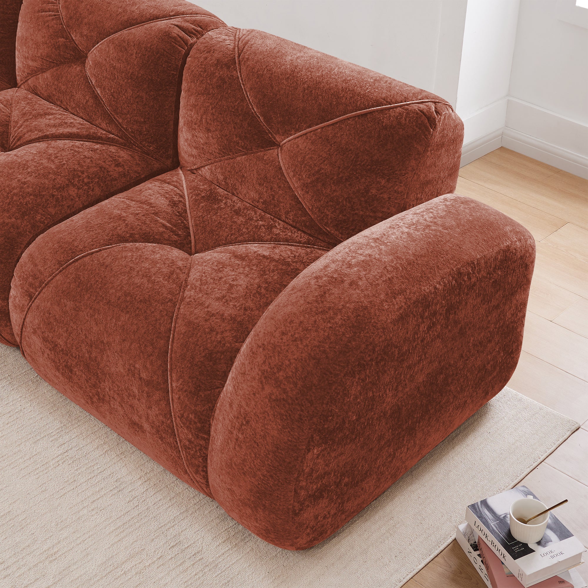 Aven 80" Modular Velvet Cloud Loveseat Sofa with 2 Ottomans and Curved Armrests