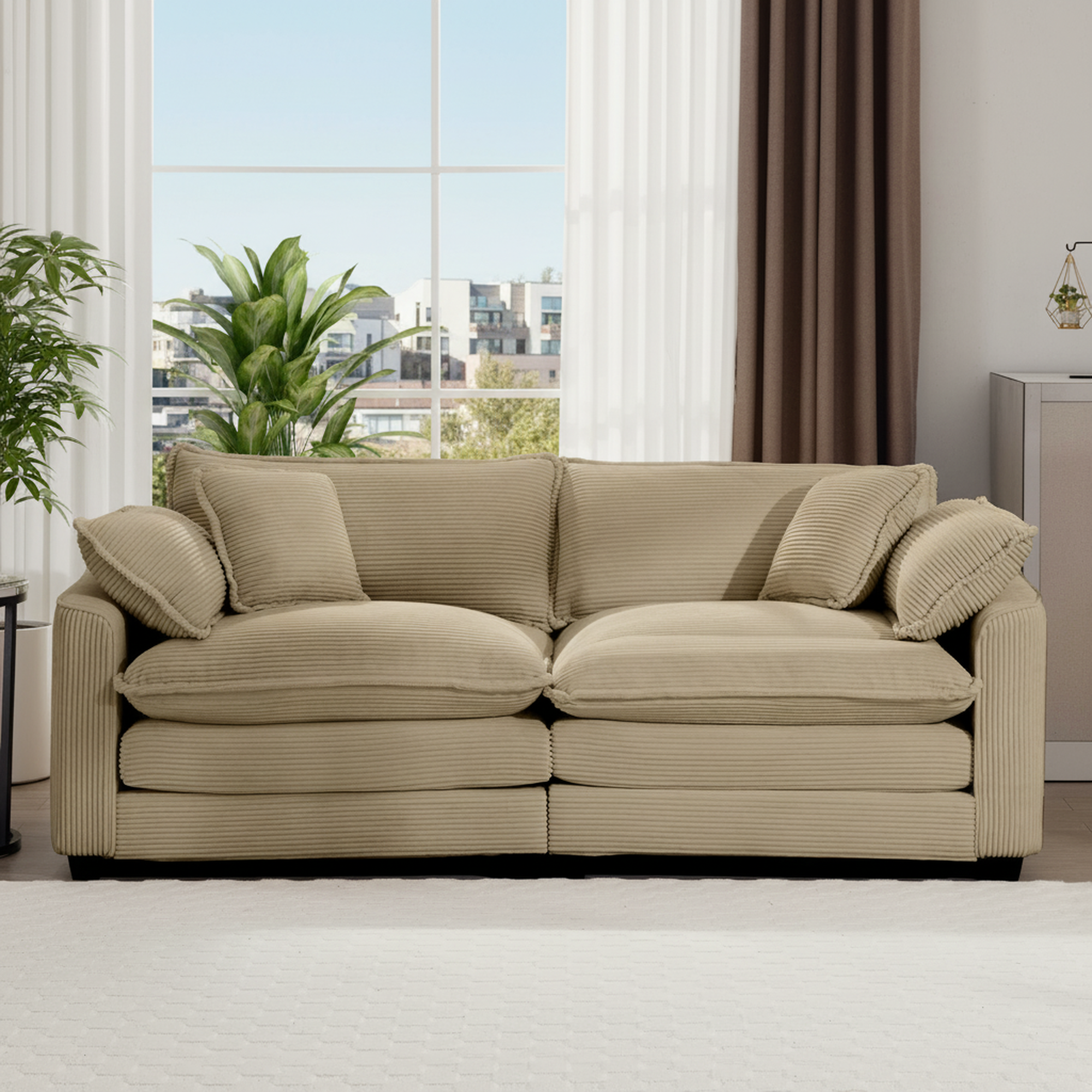 1-Pack Tan Corduroy Loveseat Sofa, Modern Fabric Upholstered Deep Seating, Classic & Retro Design, 4 Pillows Included, Living Room & Apartment Furniture, Easy Assembly, Comfortable & Stylish Accent Piece