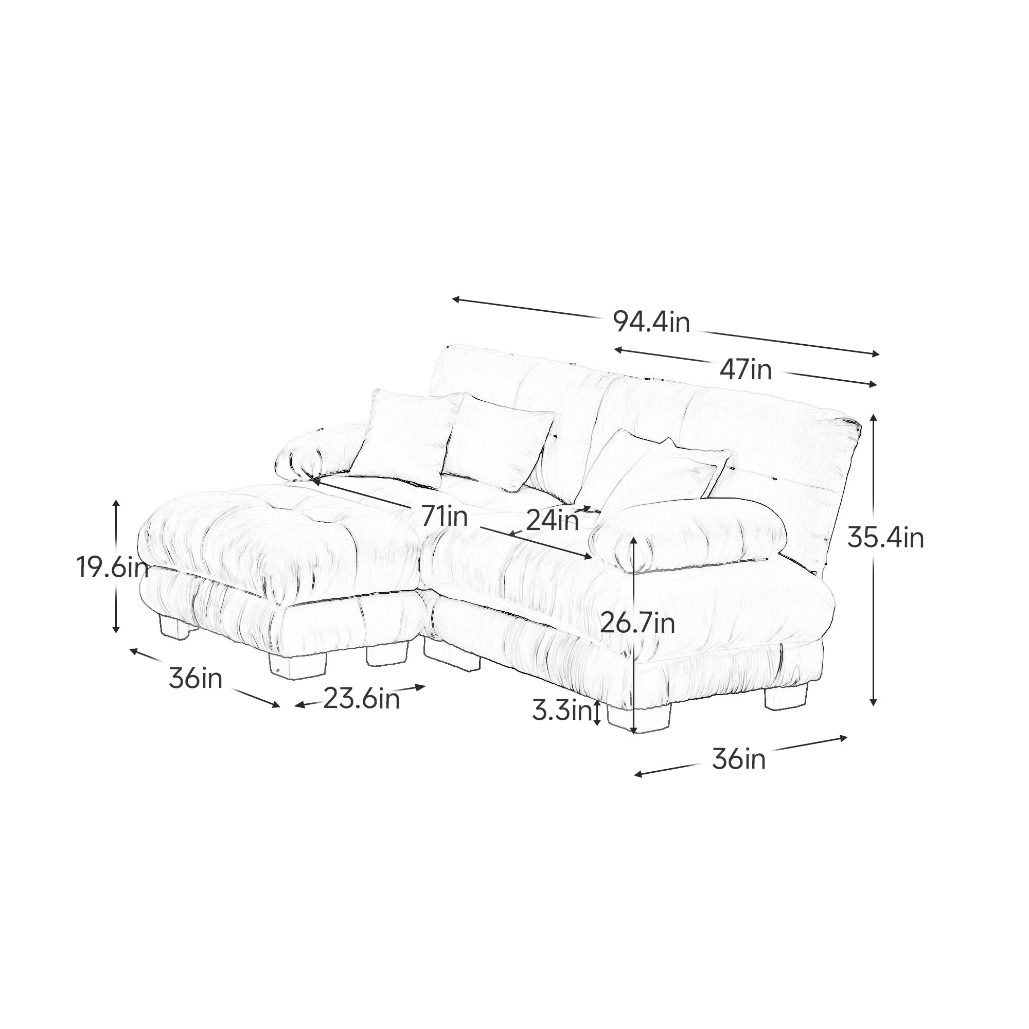 Monterey 94" 3 Piece L Shaped Modular Sofa Set, Velvet Deep Seat 5-Seater Sofa with Ottoman