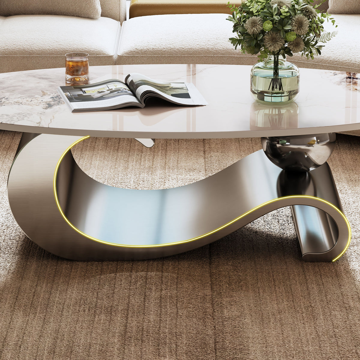 Varese 49" Modern Oval Coffee Table with Marble Top and Sculptural Gold Base