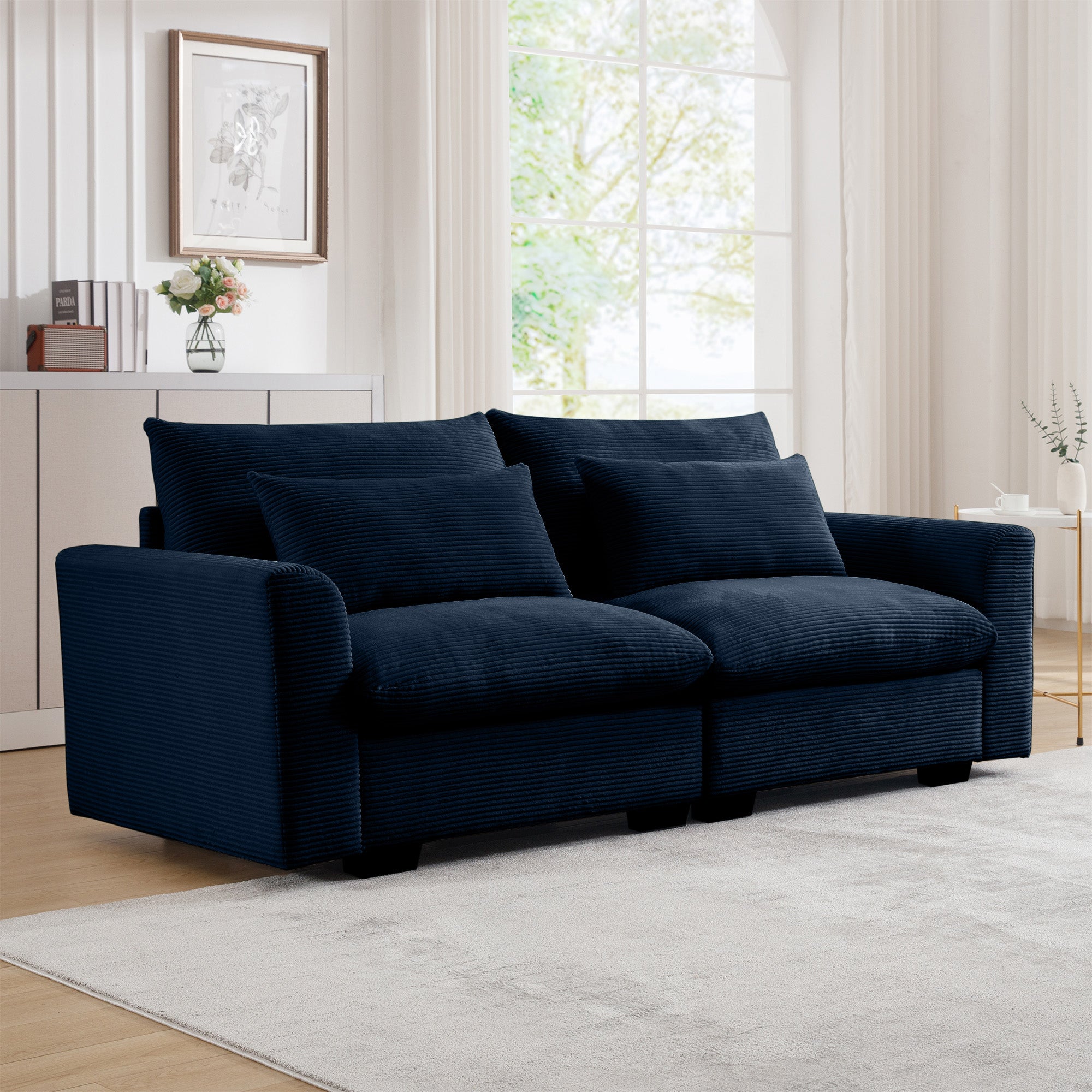 1-Pack Blue Modern Sofa 2 Seater, Contemporary Corduroy Upholstery, Ergonomic Armrests, Flexible Modular Design for Apartment Living Room, Easy Assembly, Ultimate Comfort, Durable Space-Saving Furniture by HomyCasa