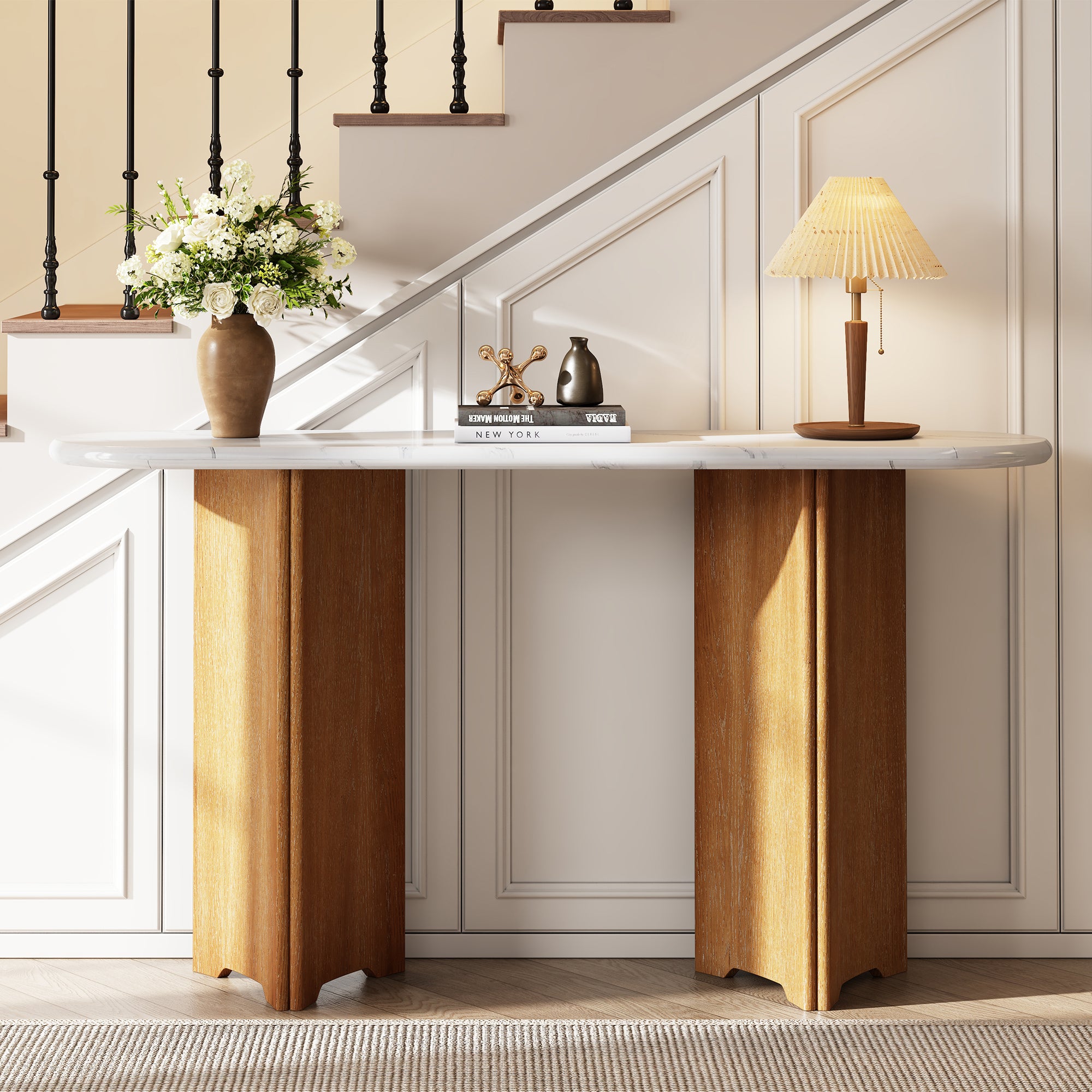 Narrow Console Table, Entryway Table with Oval Faux Marble Top, Rustic Sofa Table with Curved Legs, Hallway Accent Table for Entrance and Living Room (Natural+White)
