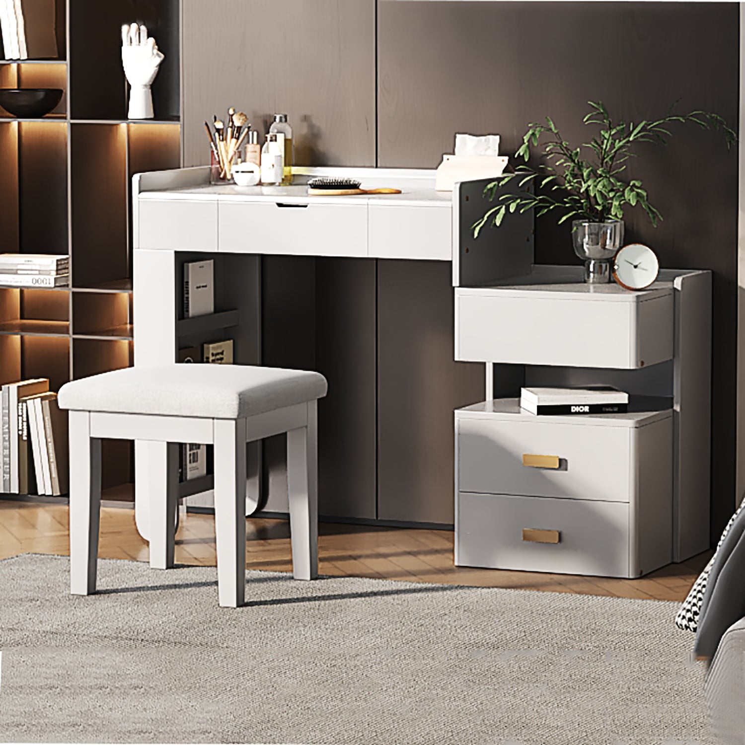 Aurorae Modular Makeup Vanity Desk Set with Flip-Top Mirror and Ample Drawer Storage