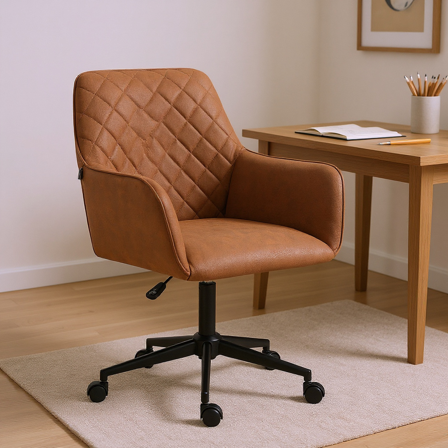 Mid Back Modern Home Office Chair Swivel Computer Desk Chair with Adjustable Height, Microfiber Cloth, Diamond Line Design, and Padded Armrests, Brown