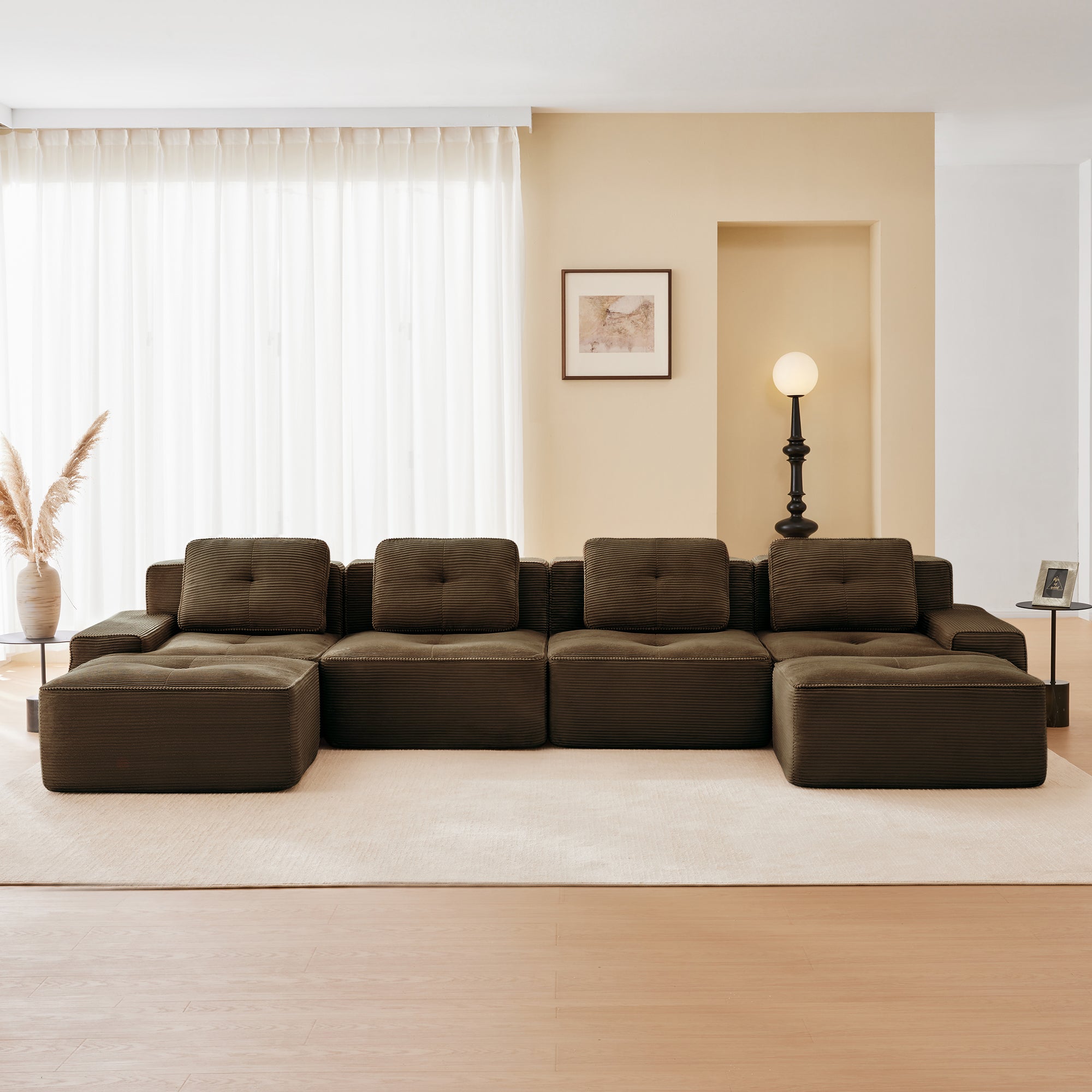 Racine 153" Modular Corduroy Fabric U-Shaped Sectional Sofa with Deep Seat and 2 Movable Ottomans