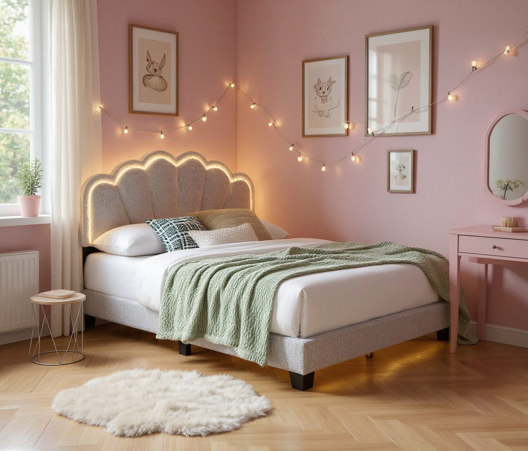 White 1pc Queen Size Bed Wool Fabric Floral Design Headboard w LED Fully Upholstered Platform Bedframe