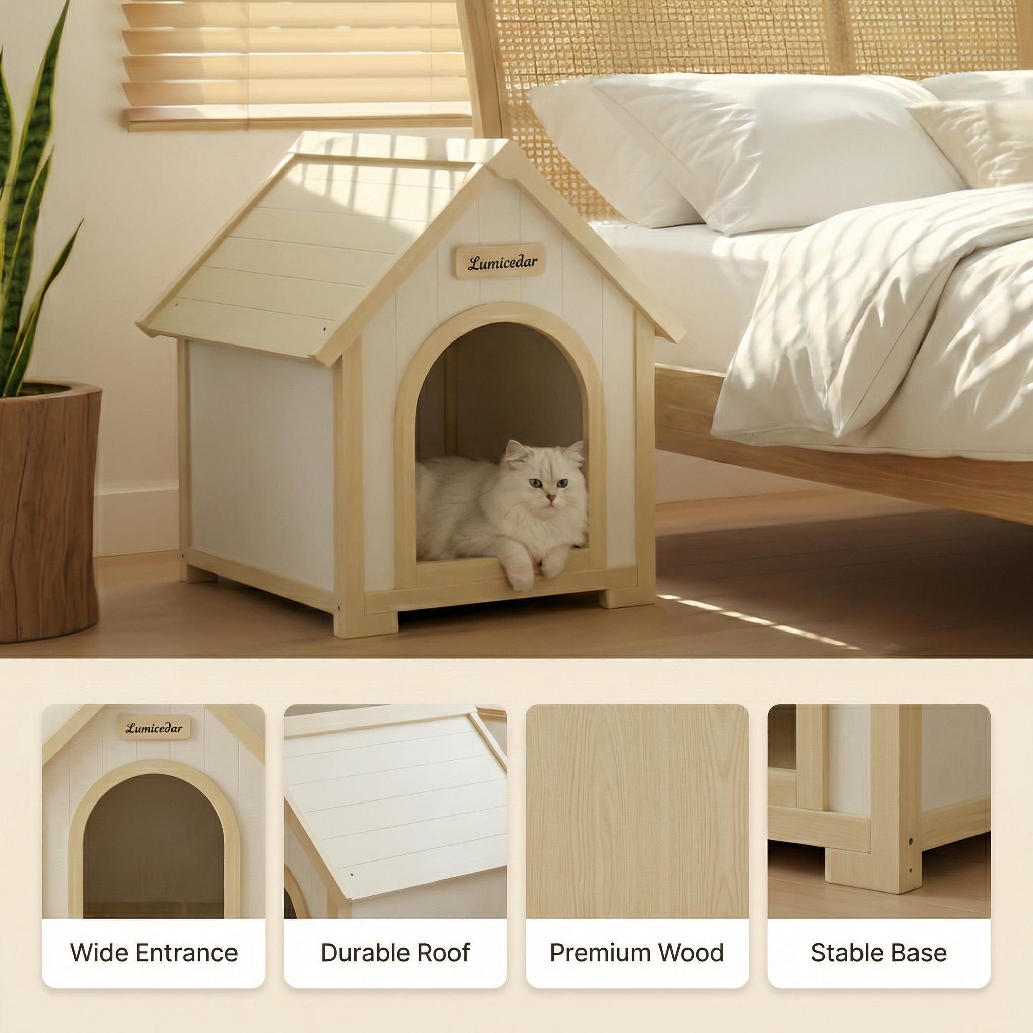Homy Casa FSC Solid Cedar Pet House, 23.6" x 21.7" x 27.6", Indoor Cabin Shelter for Small Dogs & Cats, Cream Yellow