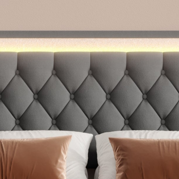 Odette Queen Size Velvet Platform Bed Frame with LED Lights and Tufted Headboard