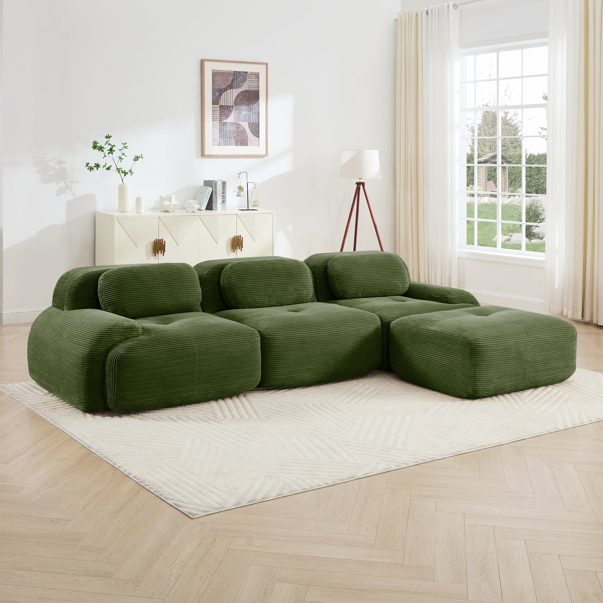 L-Shaped Modular Sofa, No Assembly, Ergonomic Design, Corduroy Fabric, Extra-Wide Armrests, Living Room/Bedroom, Olive Green