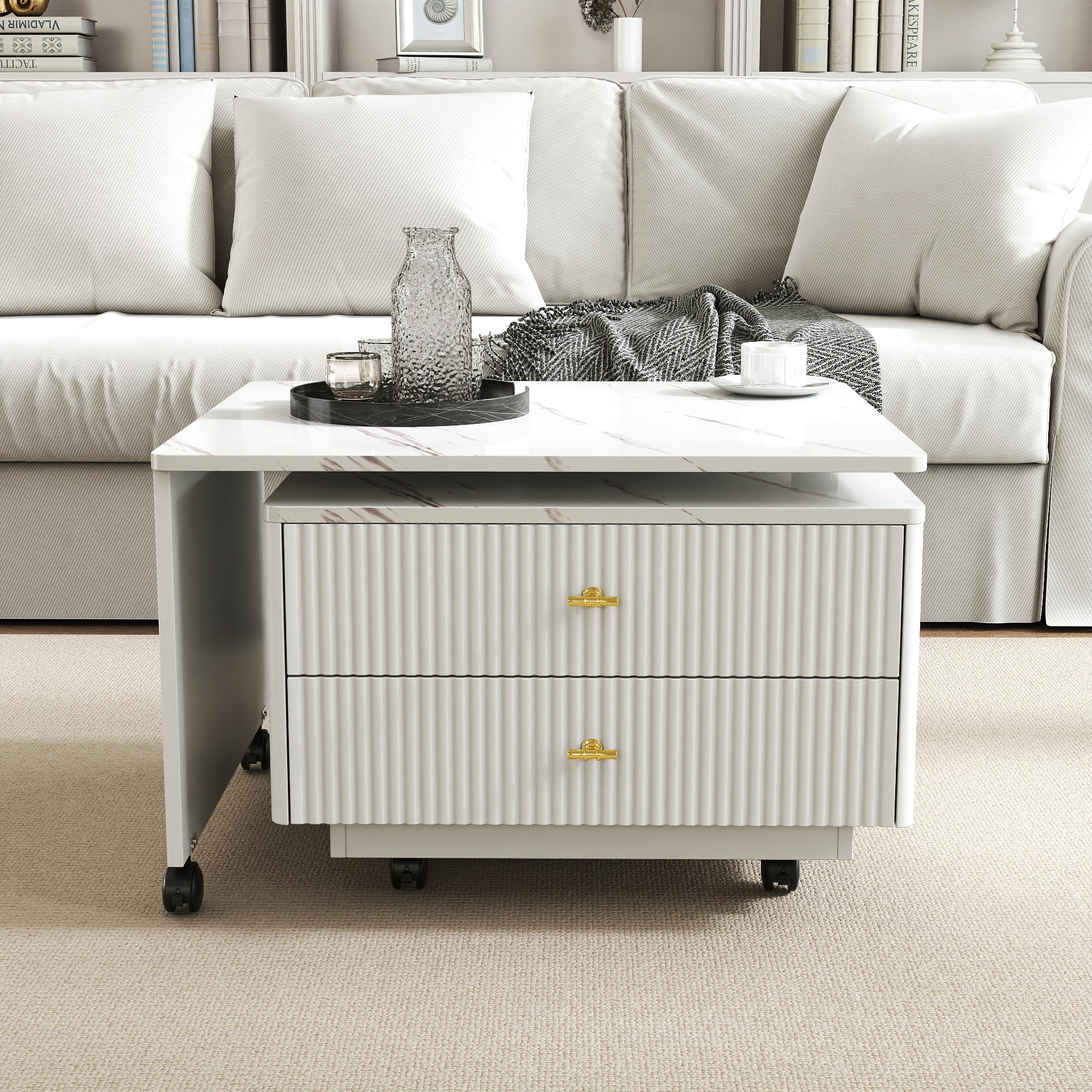 Vesta 47.24" Modern White Extendable Coffee Table with Storage Drawers and Wheels