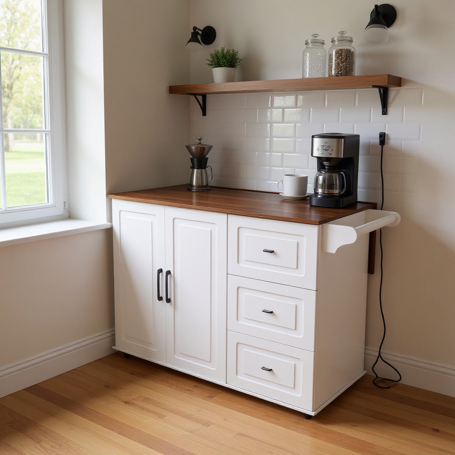 White Kitchen Island Cart with Foldable Tabletop & Drop Leaf - Mobile Breakfast Bar