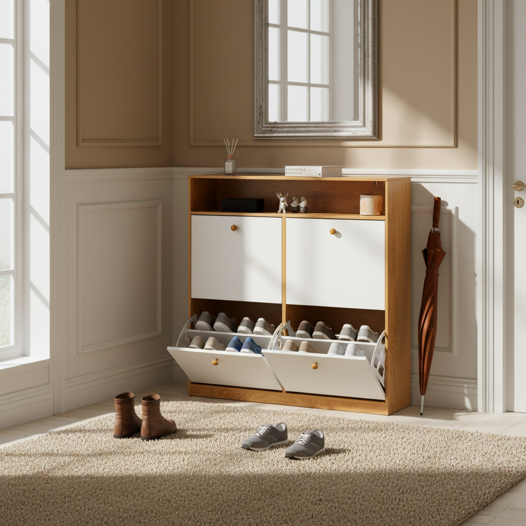 Liora Modern Shoe Cabinet with 4 Tilt-Out Drawers, White & Natural
