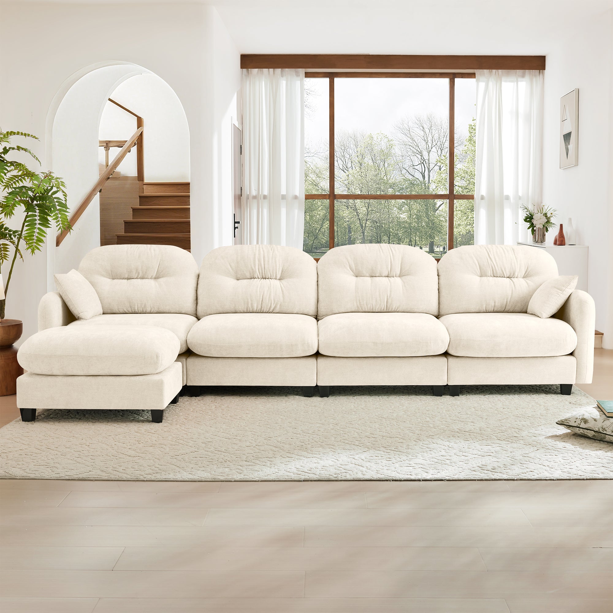 Roselyn 140" Modular Chenille Cloud L-Shaped Sectional Sofa with Ottoman and Tufted Cushion Backrest