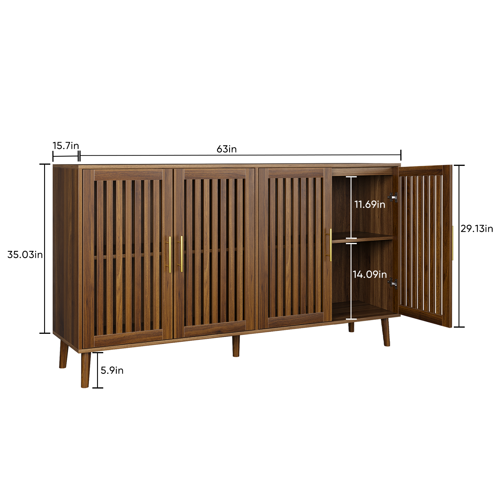 Seoul 63" Walnut Wooden 4-Door Sideboard Buffet Cabinet