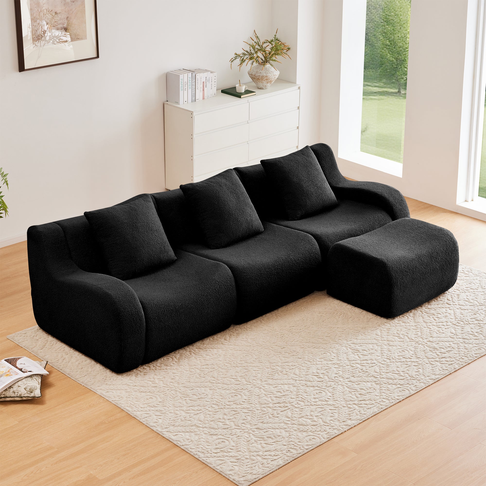 Chico 115" Modular Teddy Fabric L-Shaped Sofa with Curved Armrests and Movable Ottoman