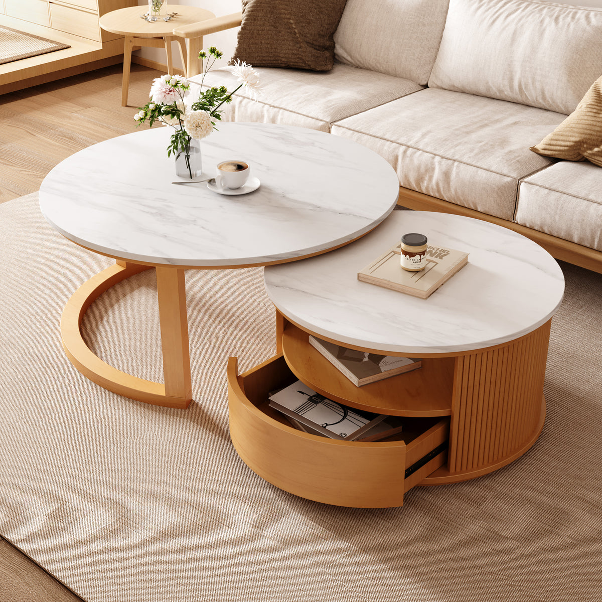Imola 29" Marble Veneer Round Nesting Coffee Table Set with Storage Drawer