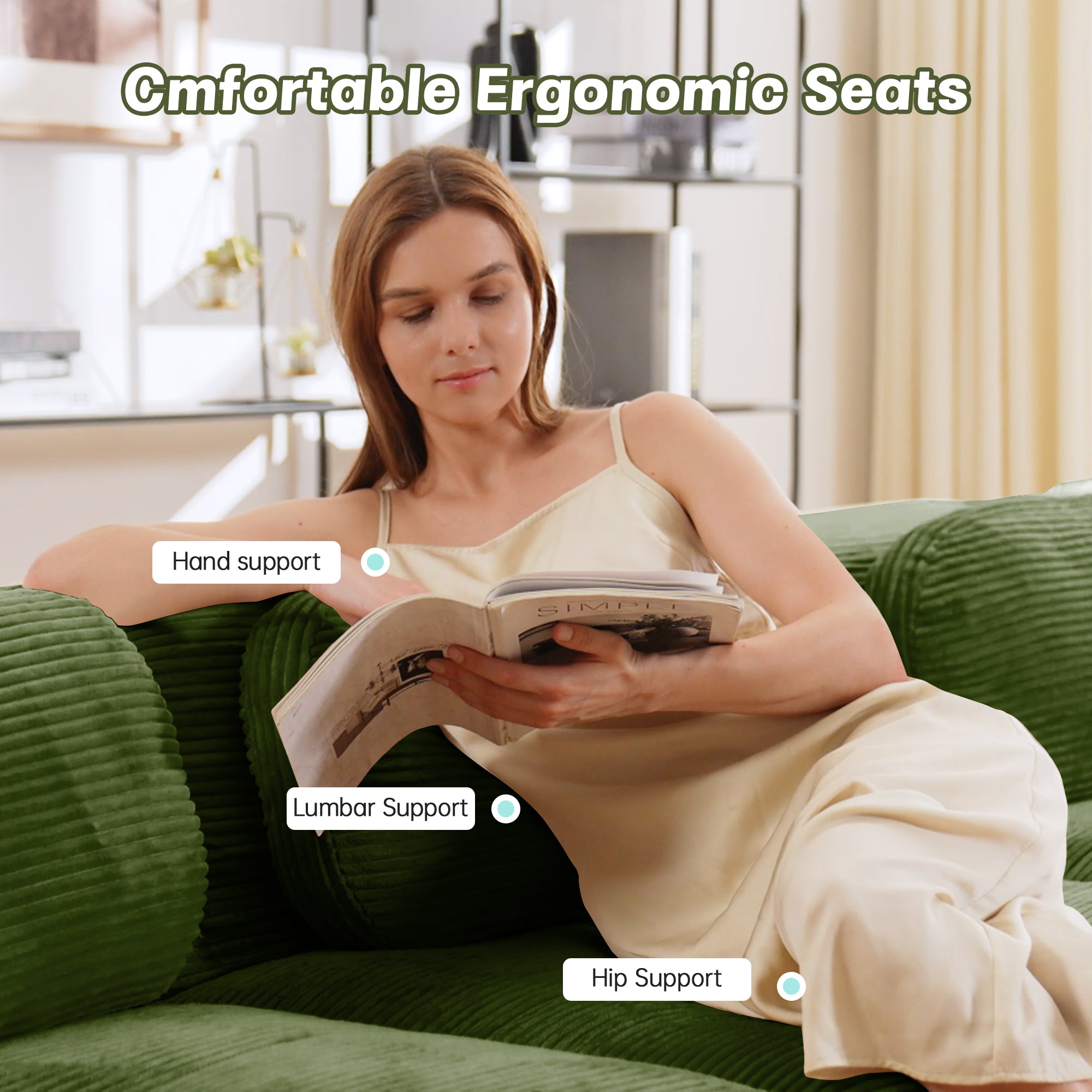 L-Shaped Modular Sofa, No Assembly, Ergonomic Design, Corduroy Fabric, Extra-Wide Armrests, Living Room/Bedroom, Olive Green