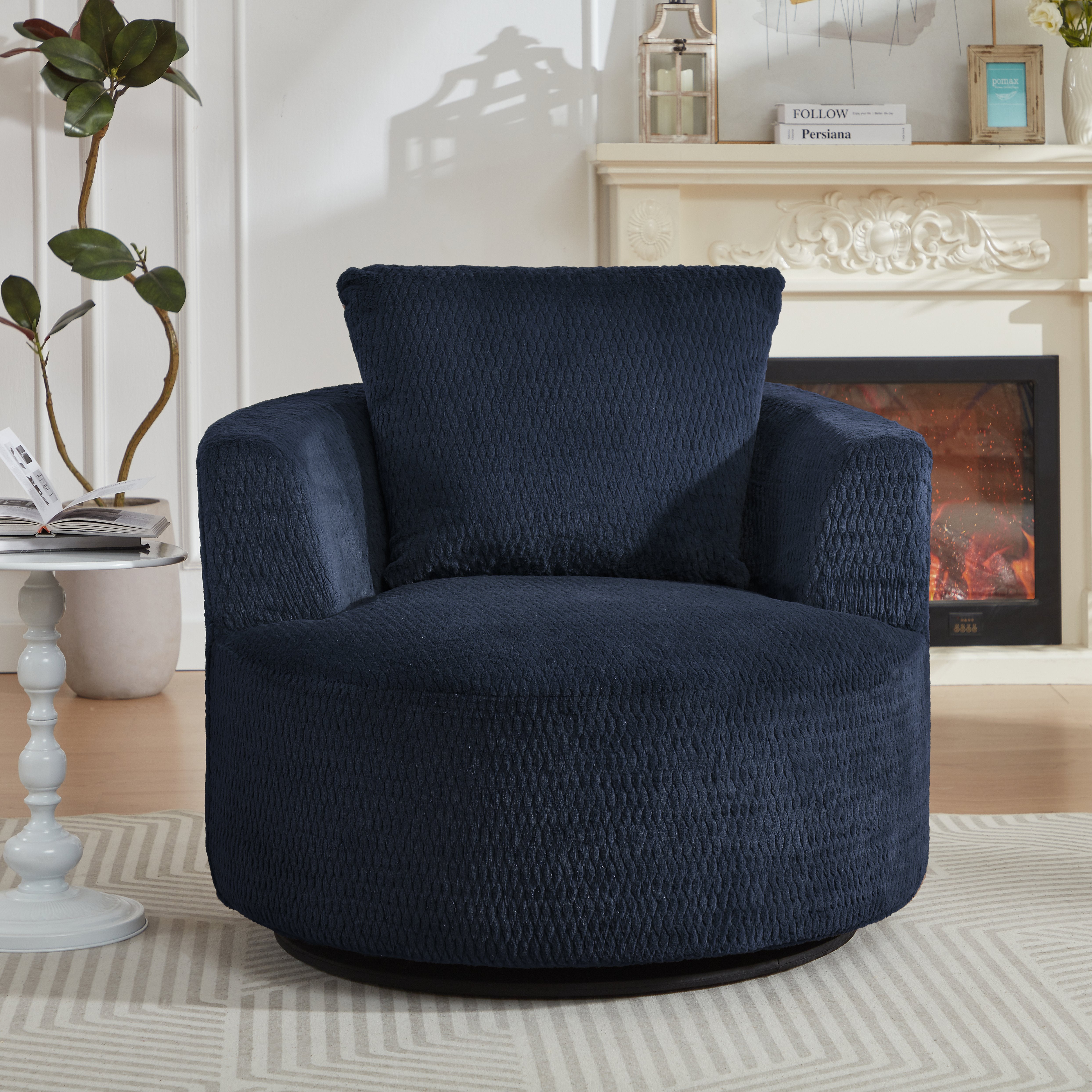 1-Pack Dark Blue Swivel Accent Chair, Modern Comfort Armchair with Faux Fur, 360° Rotation, Plush Sponge & Pocket Spring Support, Stylish Space-Saving Furniture for Living Room, Office, Apartment, Easy Assembly, Durable Wooden Base