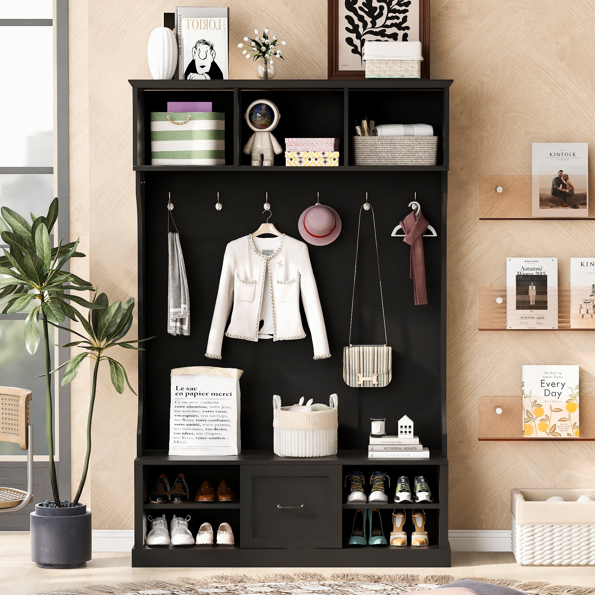 ATLAS 57" Modern Wood 3-in-1 Hall Tree Bench with Drawer and 6 Hooks