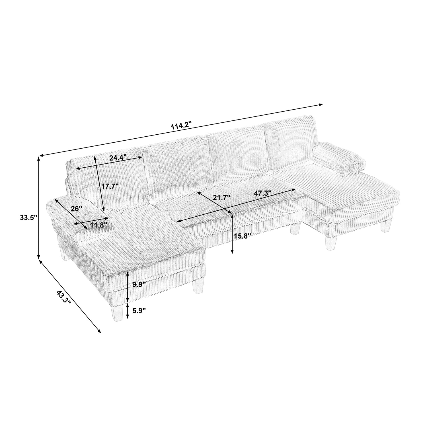 Spokane U-Shaped 4 Seater Sectional Sofa with Double Chaise