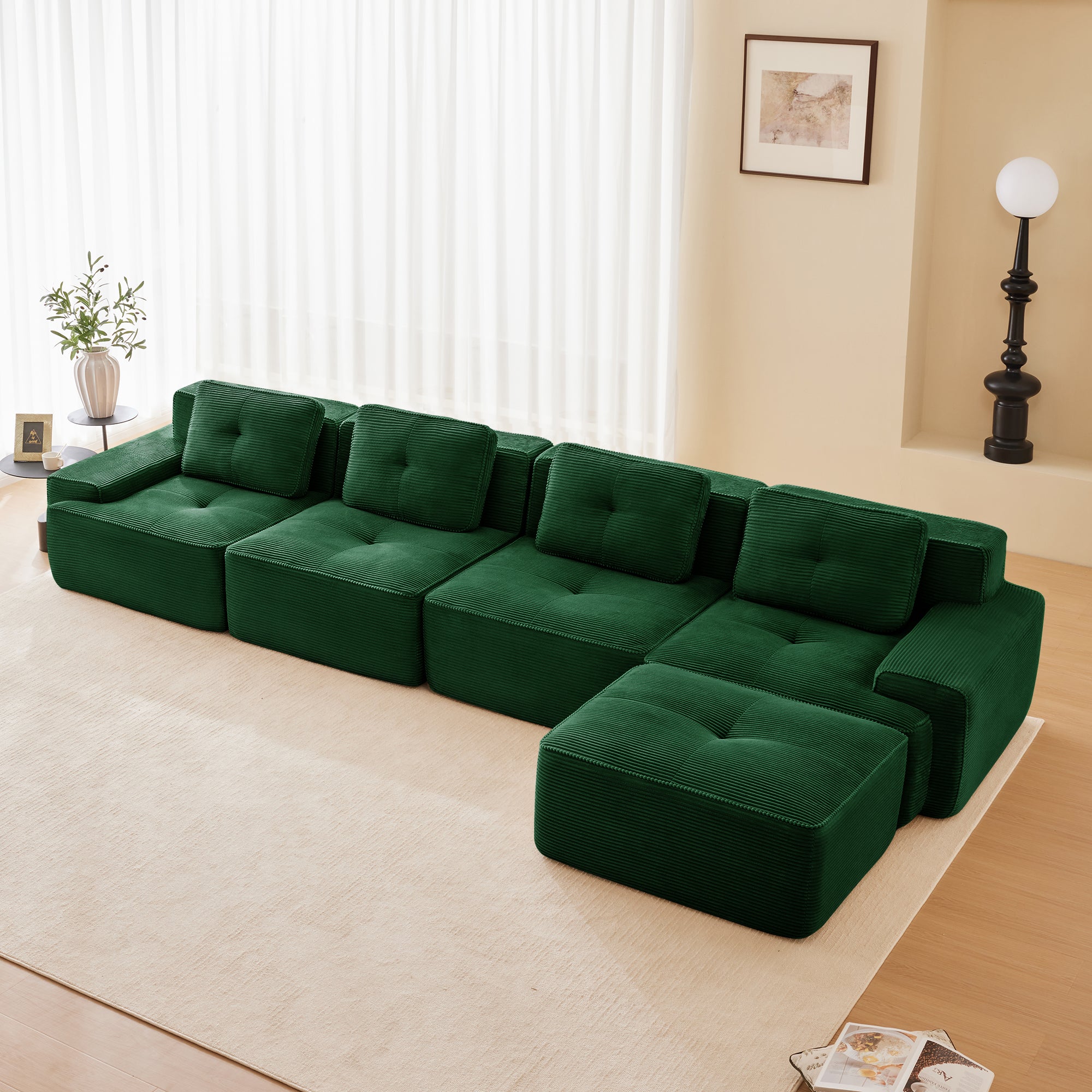 Racine 153" Modular Corduroy Fabric L-Shaped Sectional Sofa with Deep Seat and Movable Ottoman