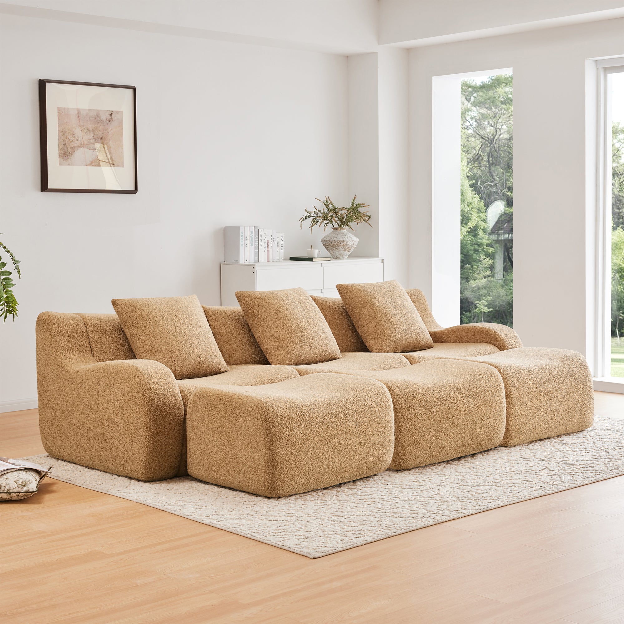 Chico 115" Modular Teddy Fabric 3-Seater Sofa with3 Ottomans
