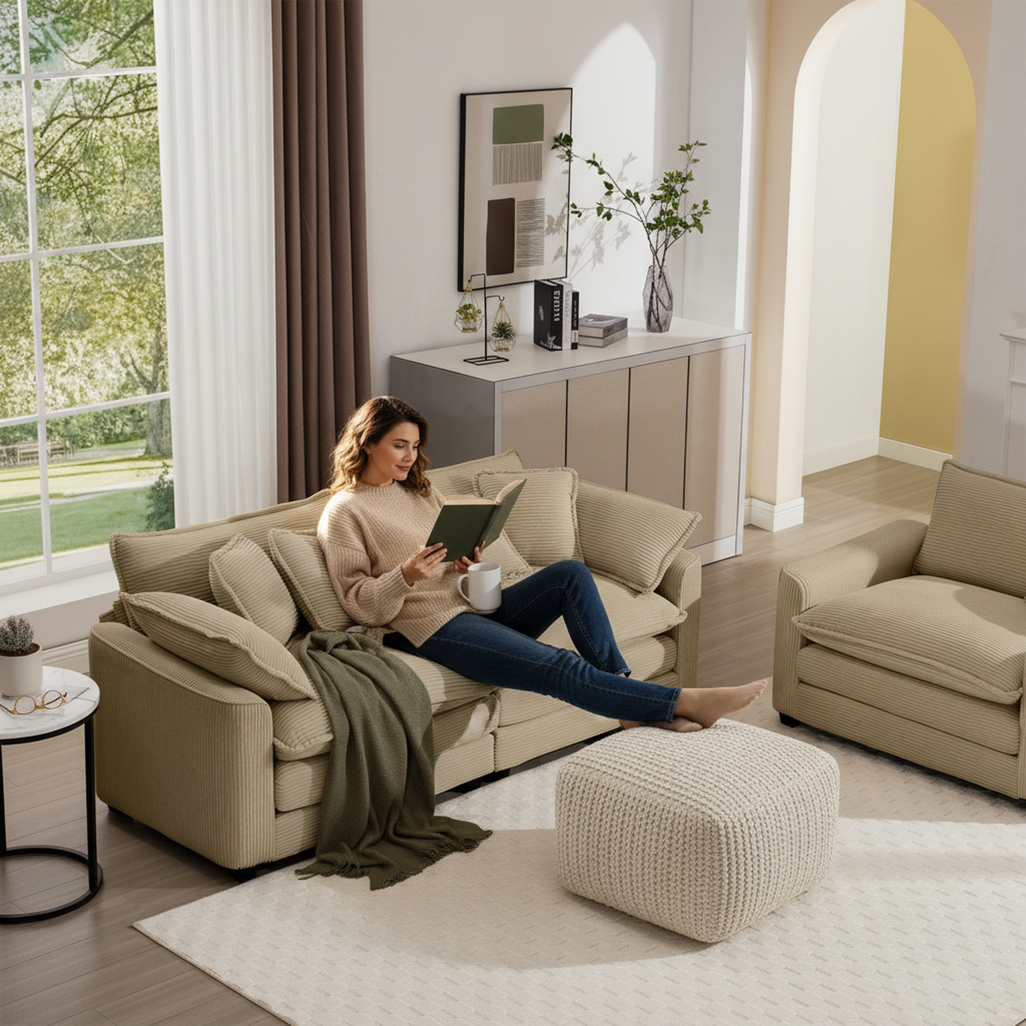 2-Piece Tan Corduroy Loveseat Sofa Set, Modern Classic Design, Plush Corduroy Upholstery, Ergonomic Memory Foam Cushions, Ideal for Living Room & Bedroom, Flexible Arrangement, Easy Assembly