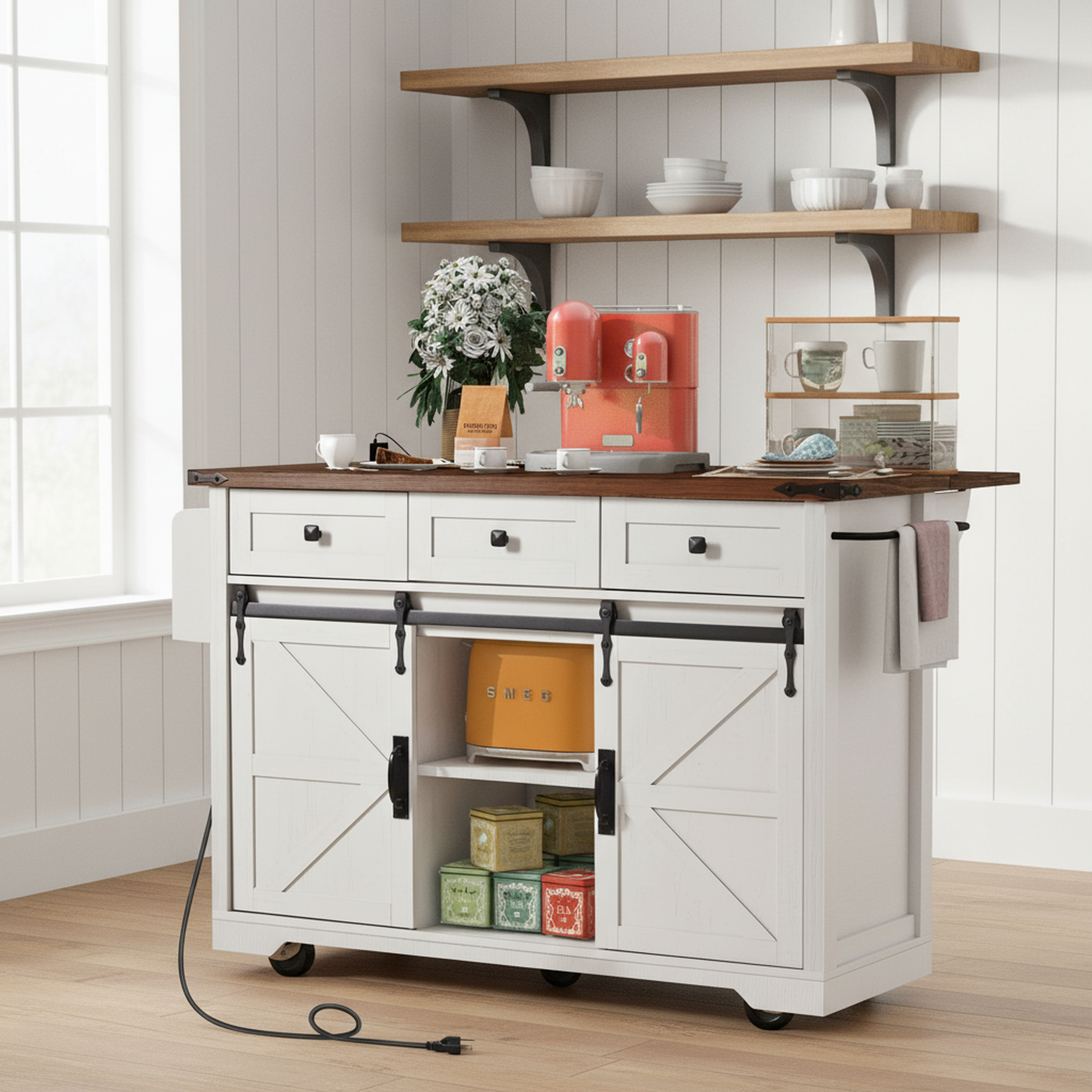 Arlena 55 Inch Farmhouse Kitchen Island with Power Outlet and Drop Leaf