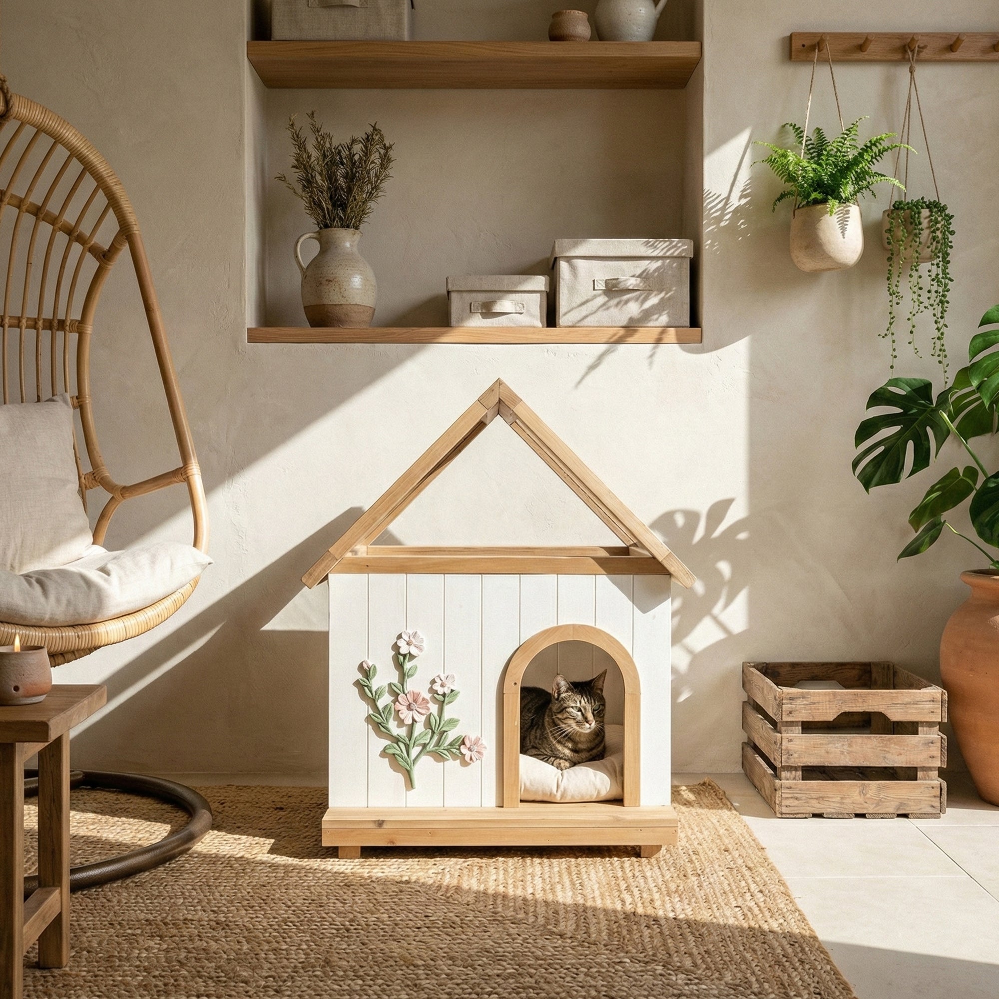 Homy Casa 24" x 22" x 32" Transparent Roof Pet House for Cats & Small Dogs, Indoor Cedar Shelter, White/Wood