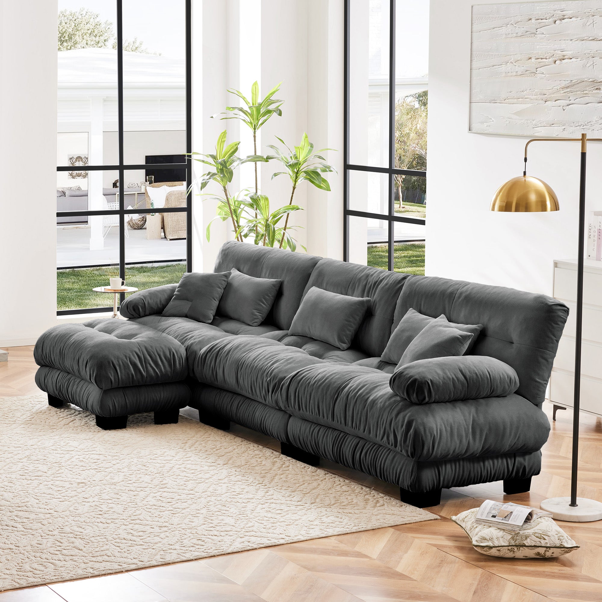 Monterey 134" Modular Chenille Cloud L-Shaped Sectional Sofa with Convertible Ottoman