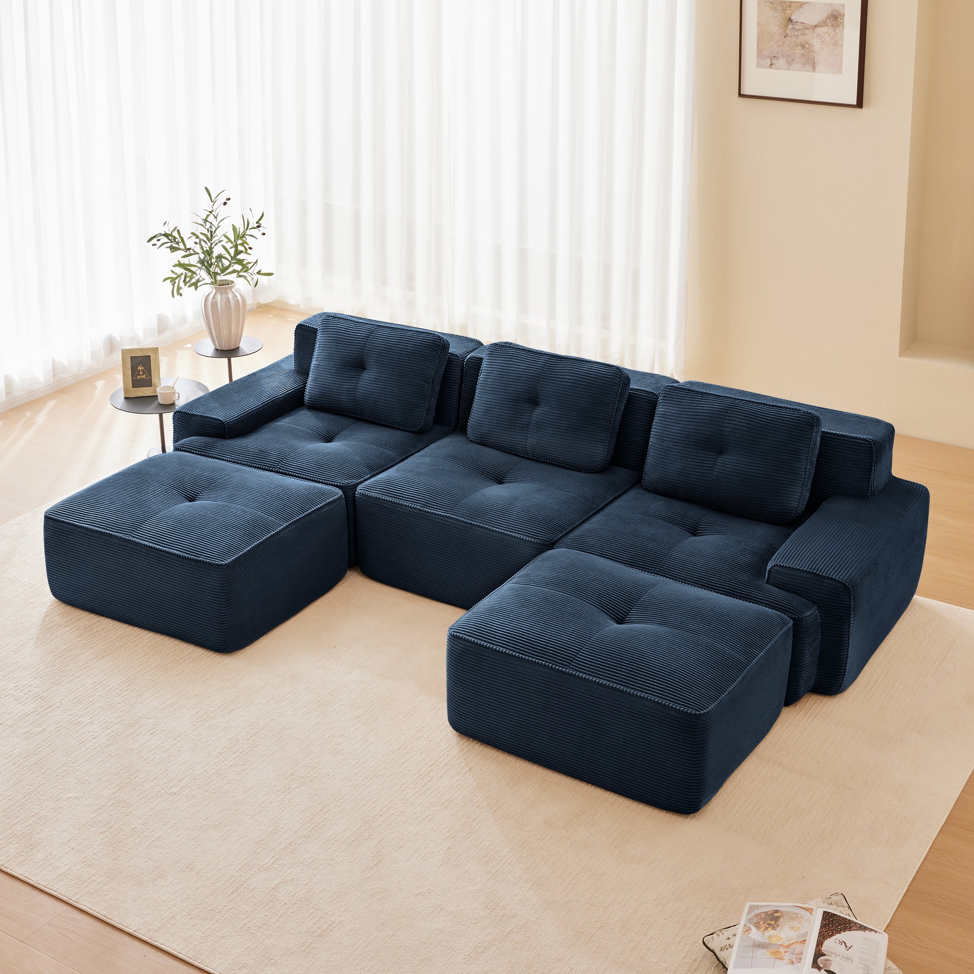 Racine 117" Modular Corduroy Fabric U-Shaped Sectional Sofa with Deep Seat and Movable Ottoman