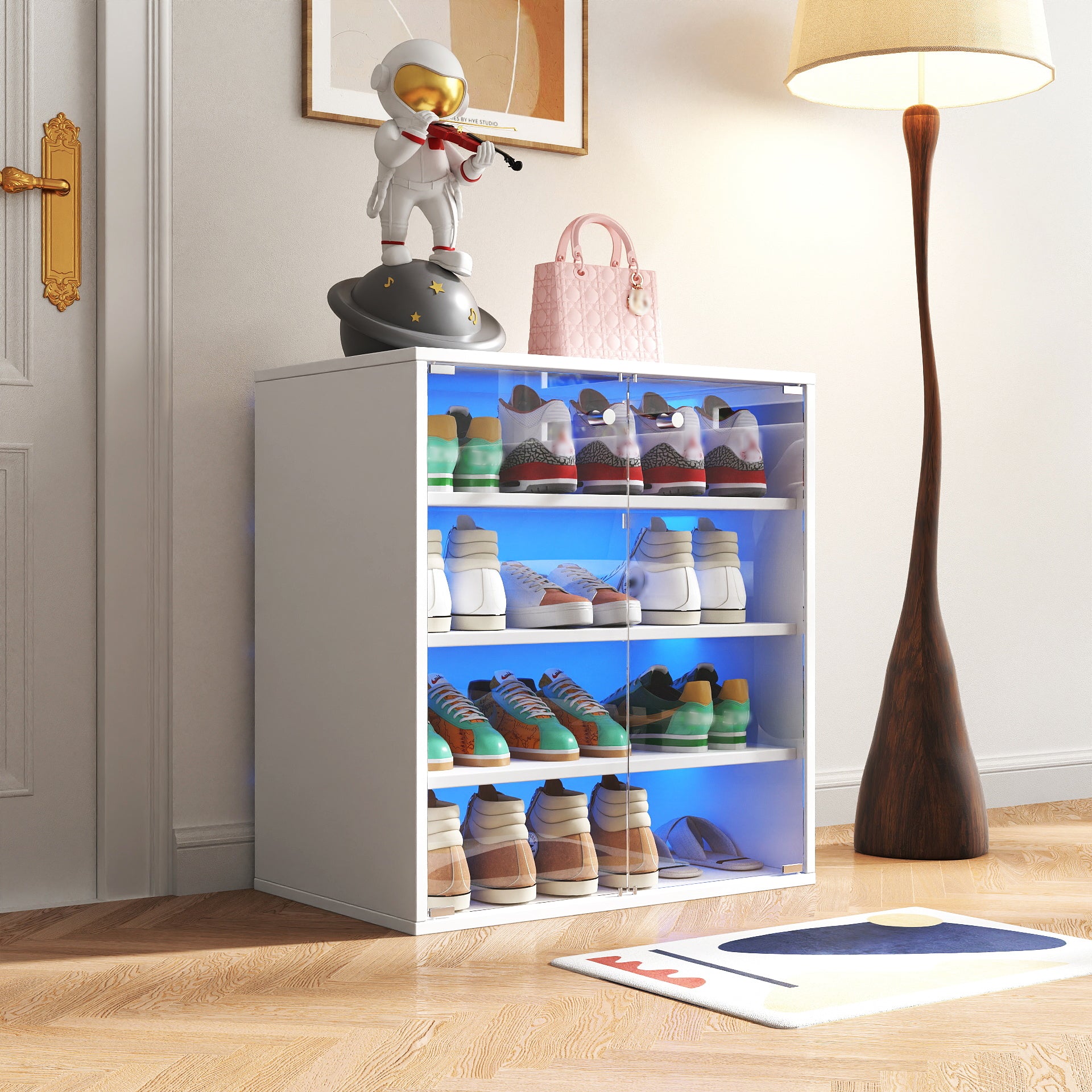 Stoneway 4 Tier Shoe Rack Shoe Cabinet With Glass Doors and LED Light