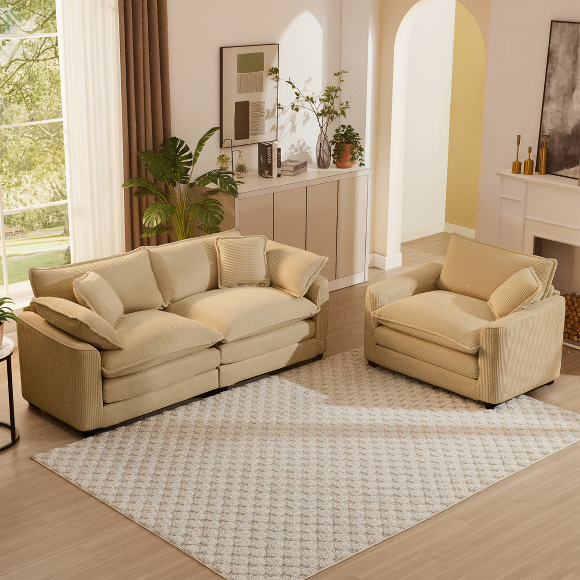 2-Piece Tan Corduroy Loveseat Sofa Set, Modern Classic Design, Plush Corduroy Upholstery, Ergonomic Memory Foam Cushions, Ideal for Living Room & Bedroom, Flexible Arrangement, Easy Assembly