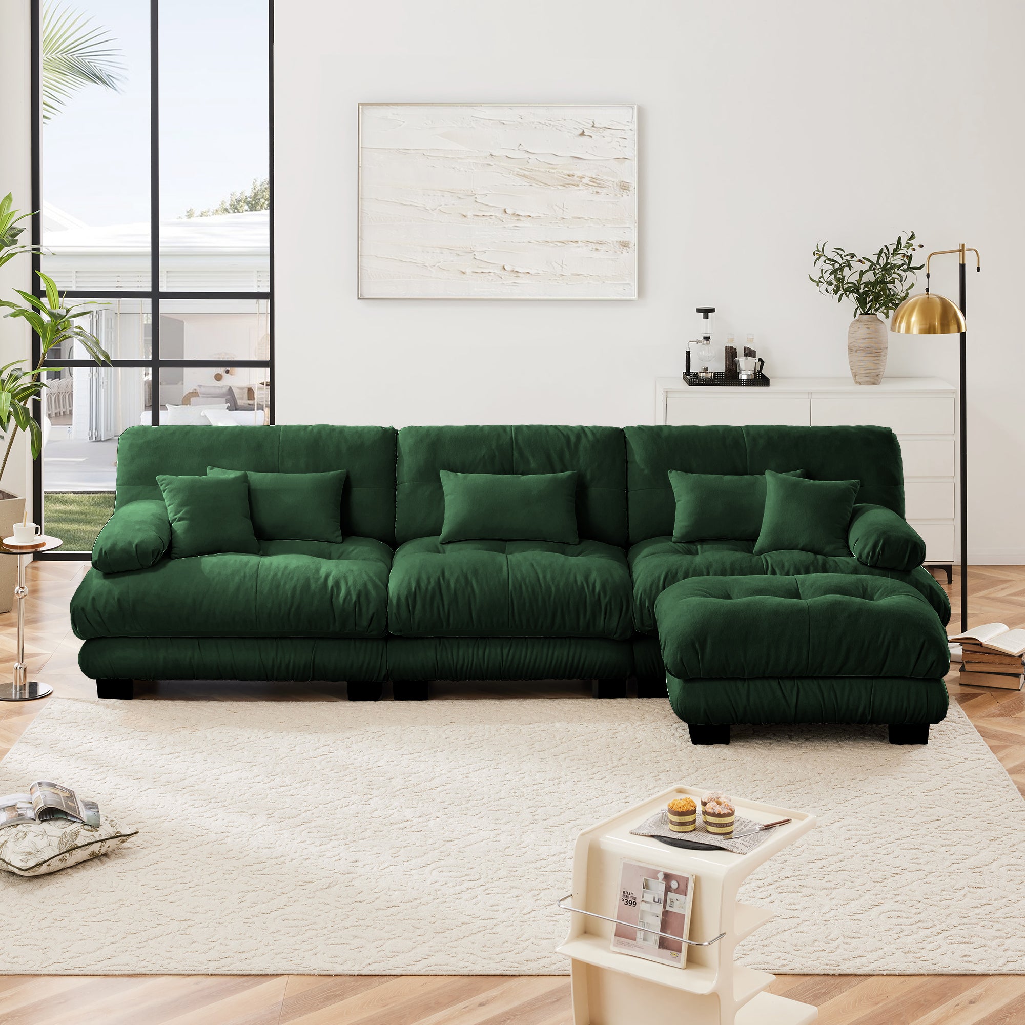 Monterey 134" Modular Chenille Cloud L-Shaped Sectional Sofa with Convertible Ottoman