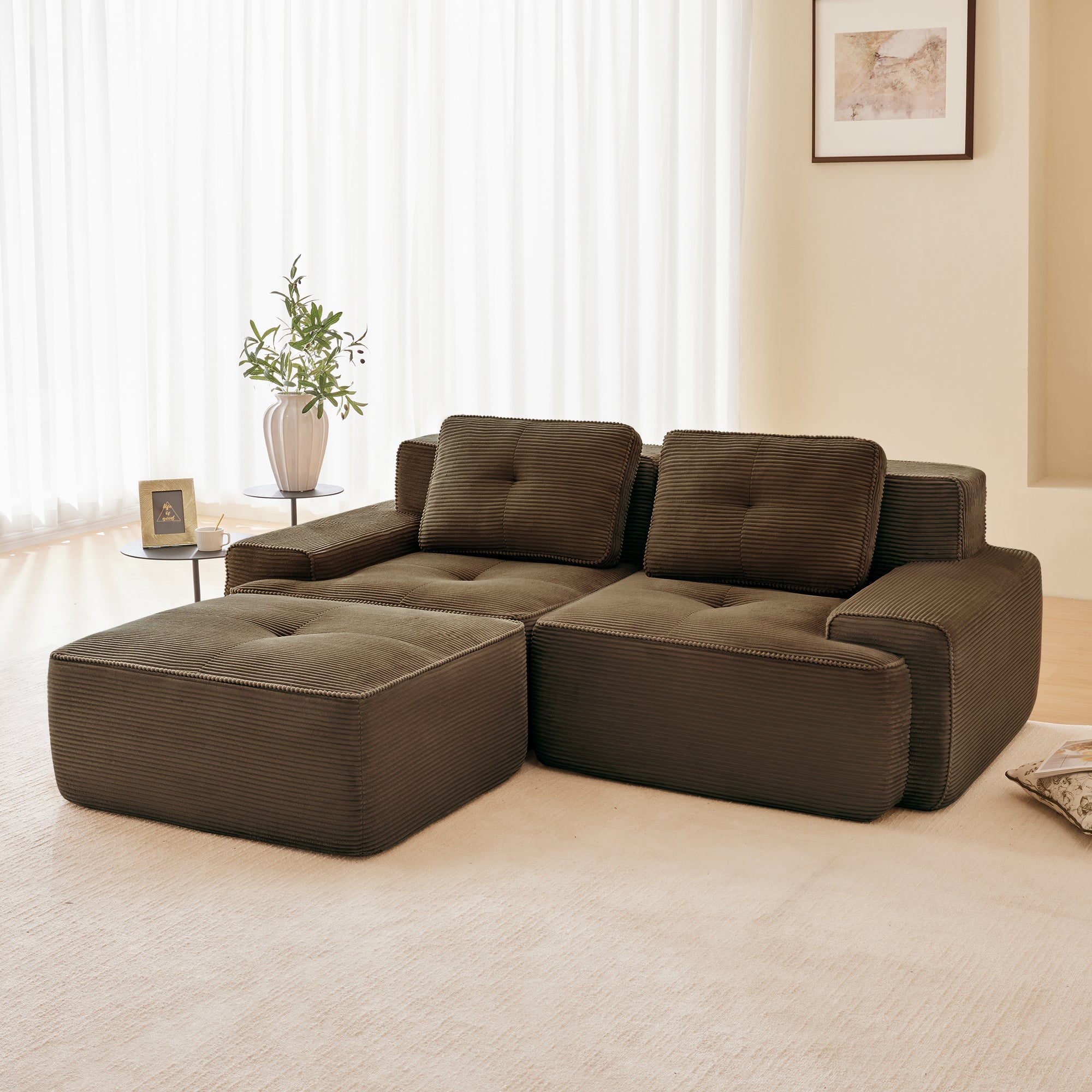 Racine 82" Modular Corduroy Fabric Loveseat Sofa with Pillows and Movable Ottoman