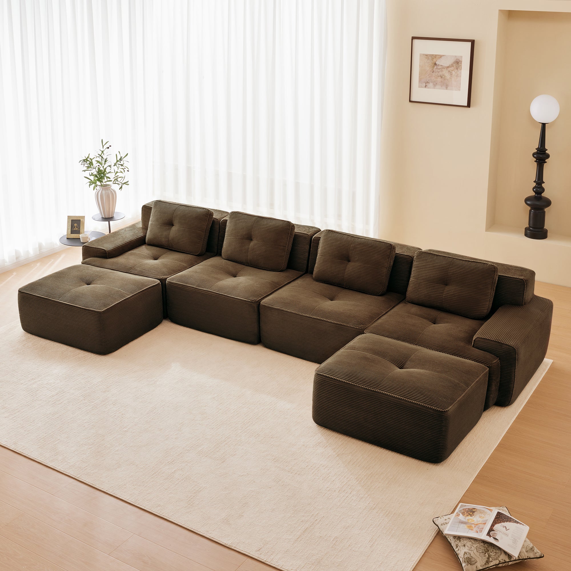 Racine 153" Modular Corduroy Fabric U-Shaped Sectional Sofa with Deep Seat and 2 Movable Ottomans