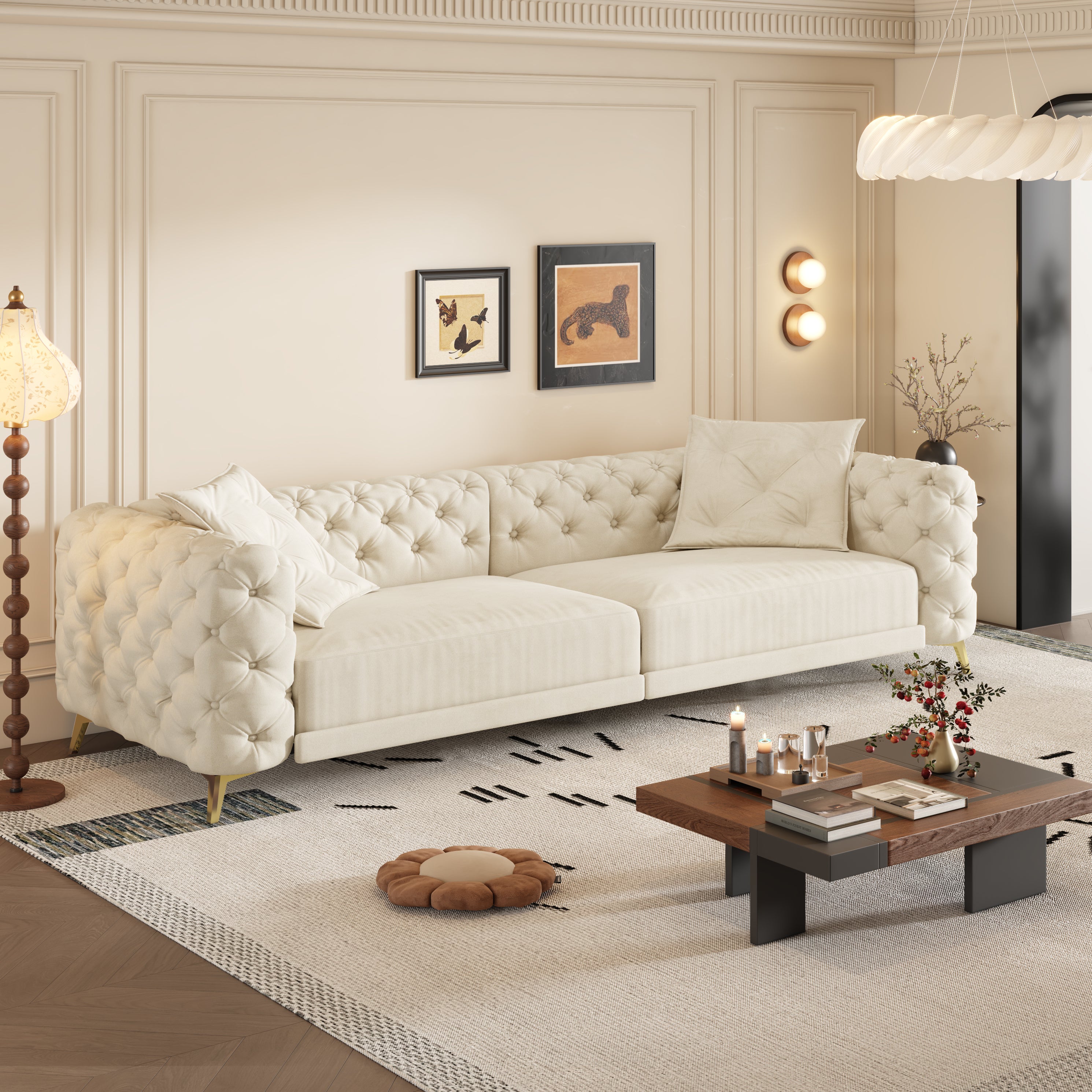 Allentown 98" Velvet Button Tufted 4-Seater Sleeper Sofa Bed with Movable Ottoman