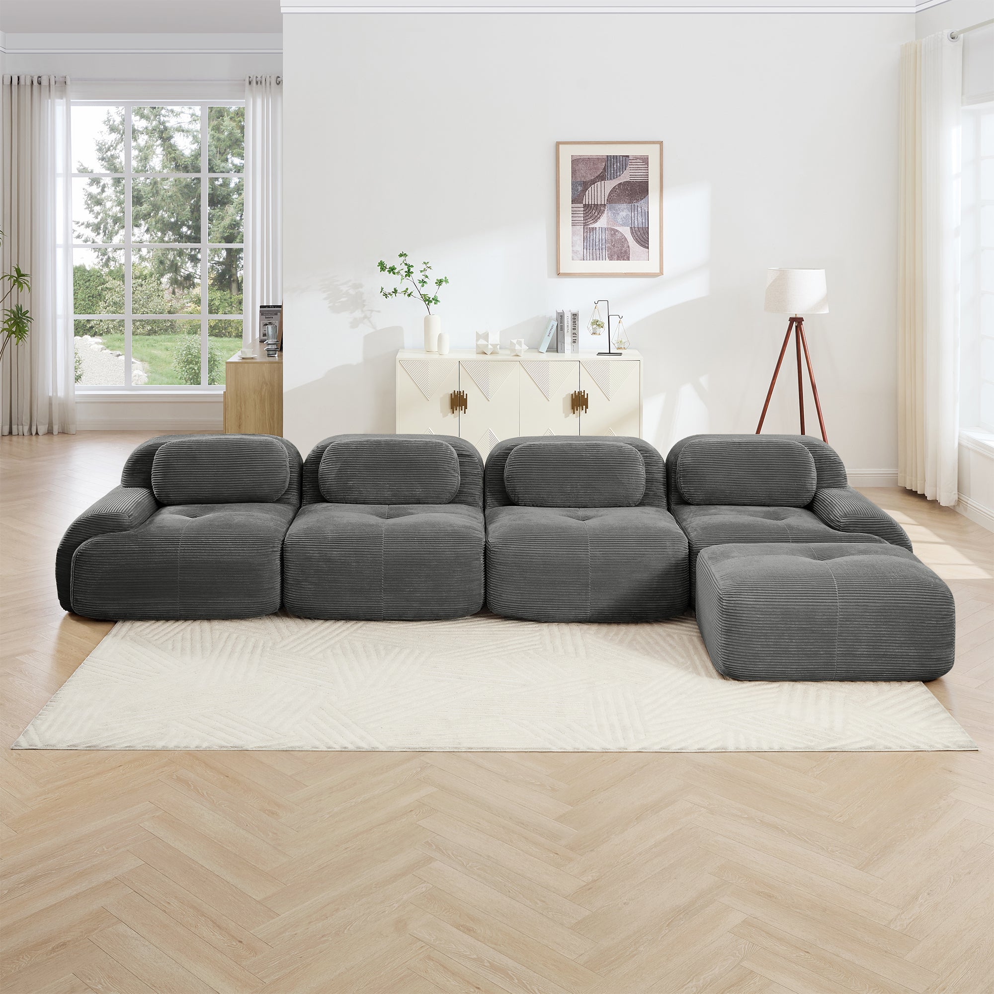 Anchorage 152" Modular Corduroy Cloud L-Shaped Sectional Sofa with Ottoman