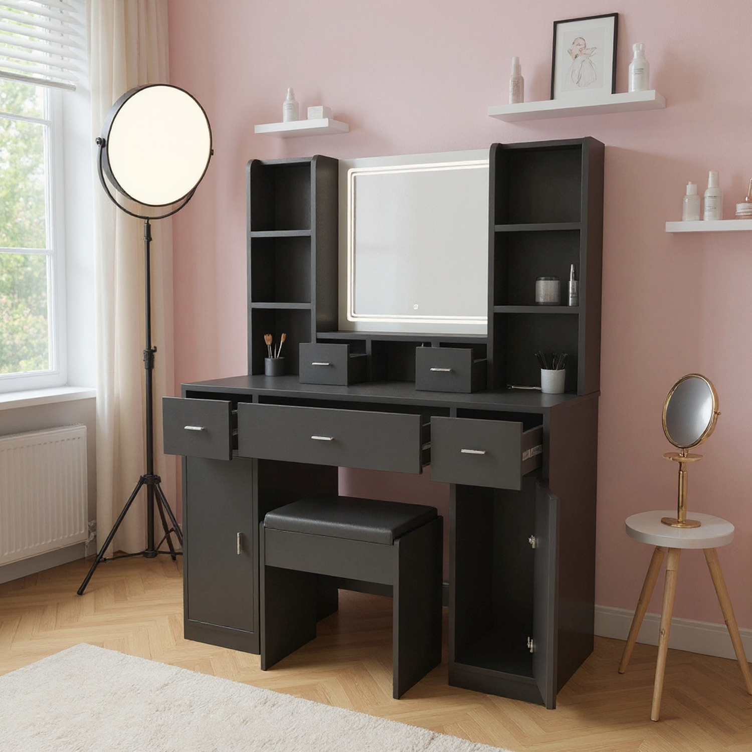 The Black dressing table with LED mirror is equipped with a hair dryer rack, and the dressing tables in the bedroom and dressing room are equipped with dressing stools