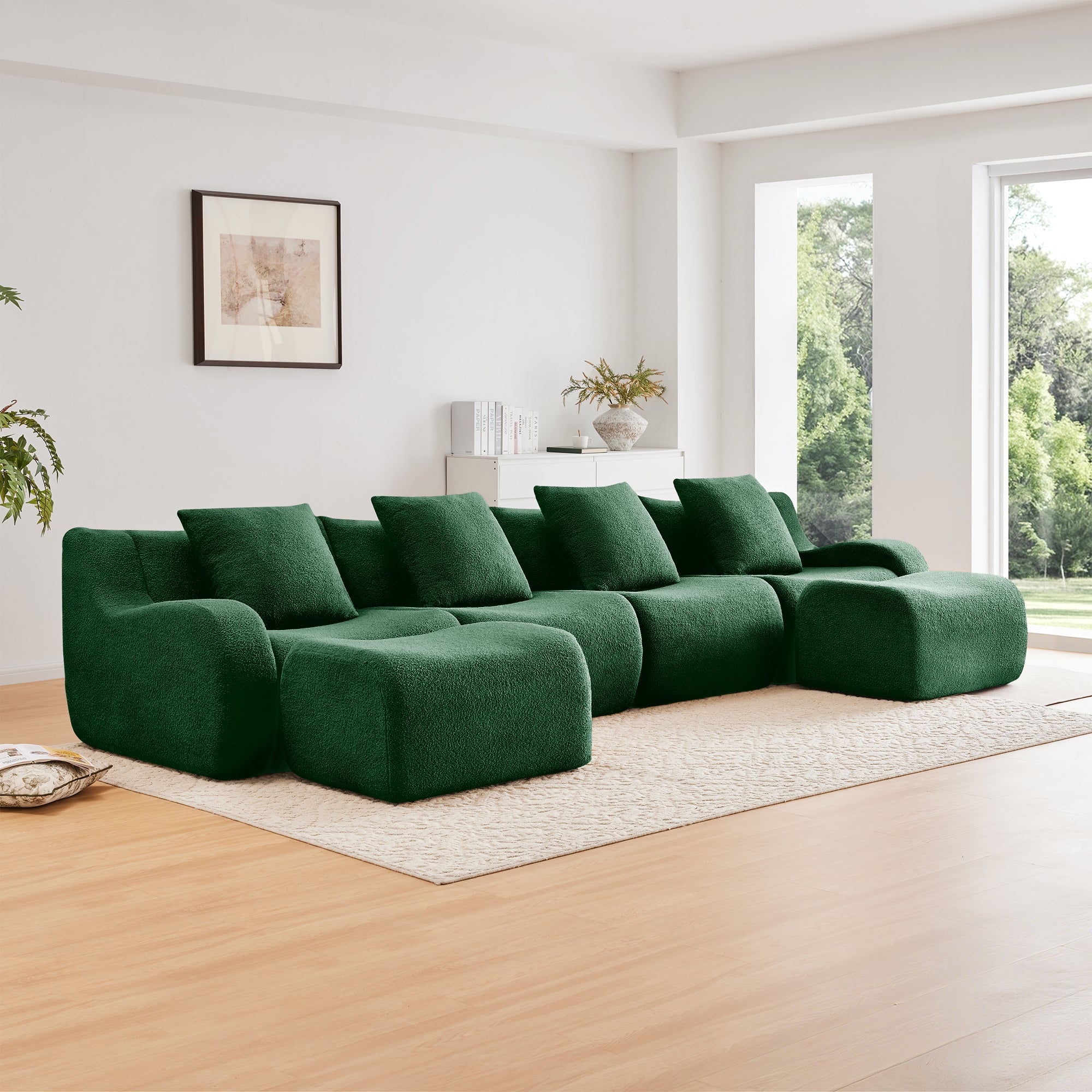 Chico 148" Modular Teddy Fabric U-Shaped Sectional Sofa with Curved Armrests and Movable Ottomans