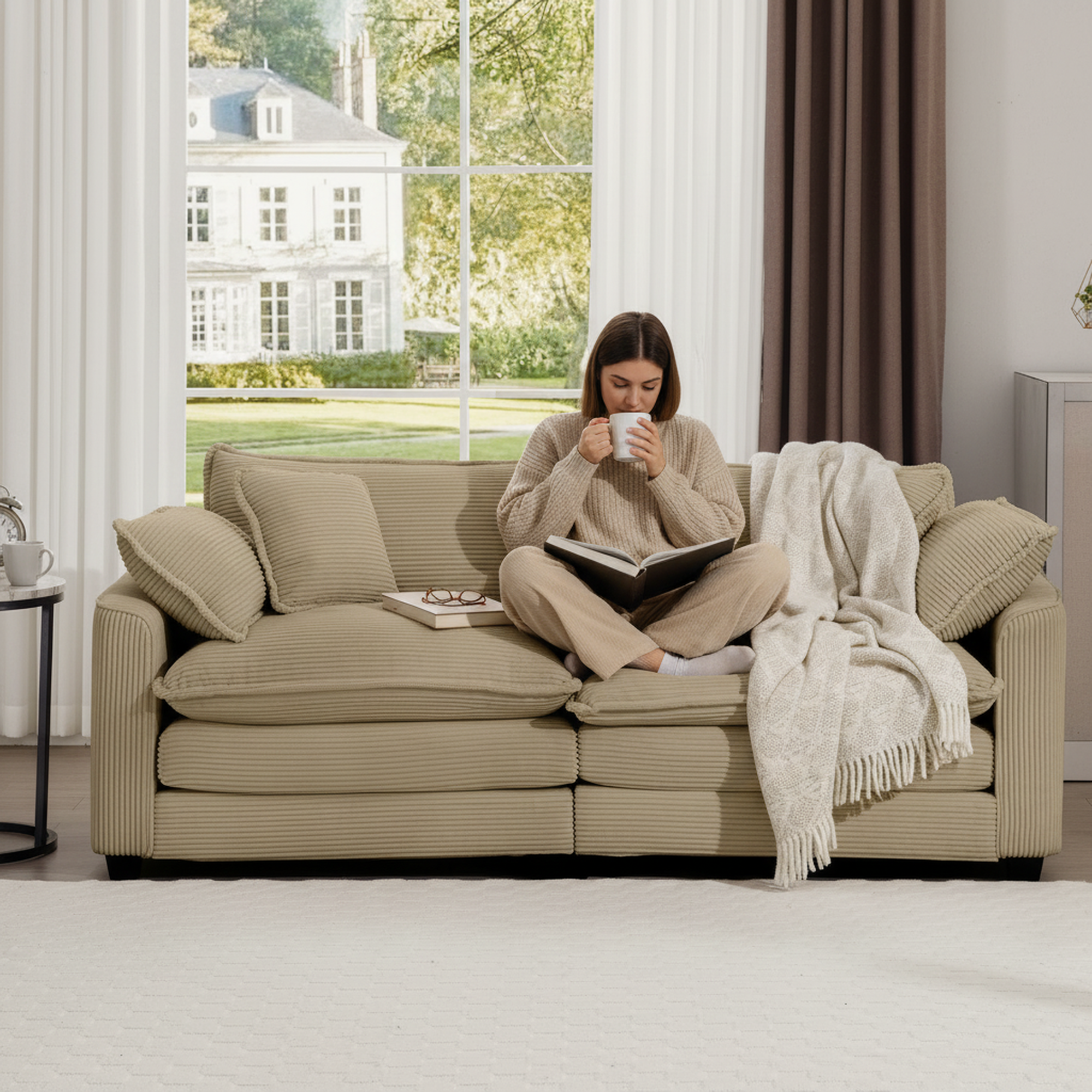 1-Pack Tan Corduroy Loveseat Sofa, Modern Fabric Upholstered Deep Seating, Classic & Retro Design, 4 Pillows Included, Living Room & Apartment Furniture, Easy Assembly, Comfortable & Stylish Accent Piece