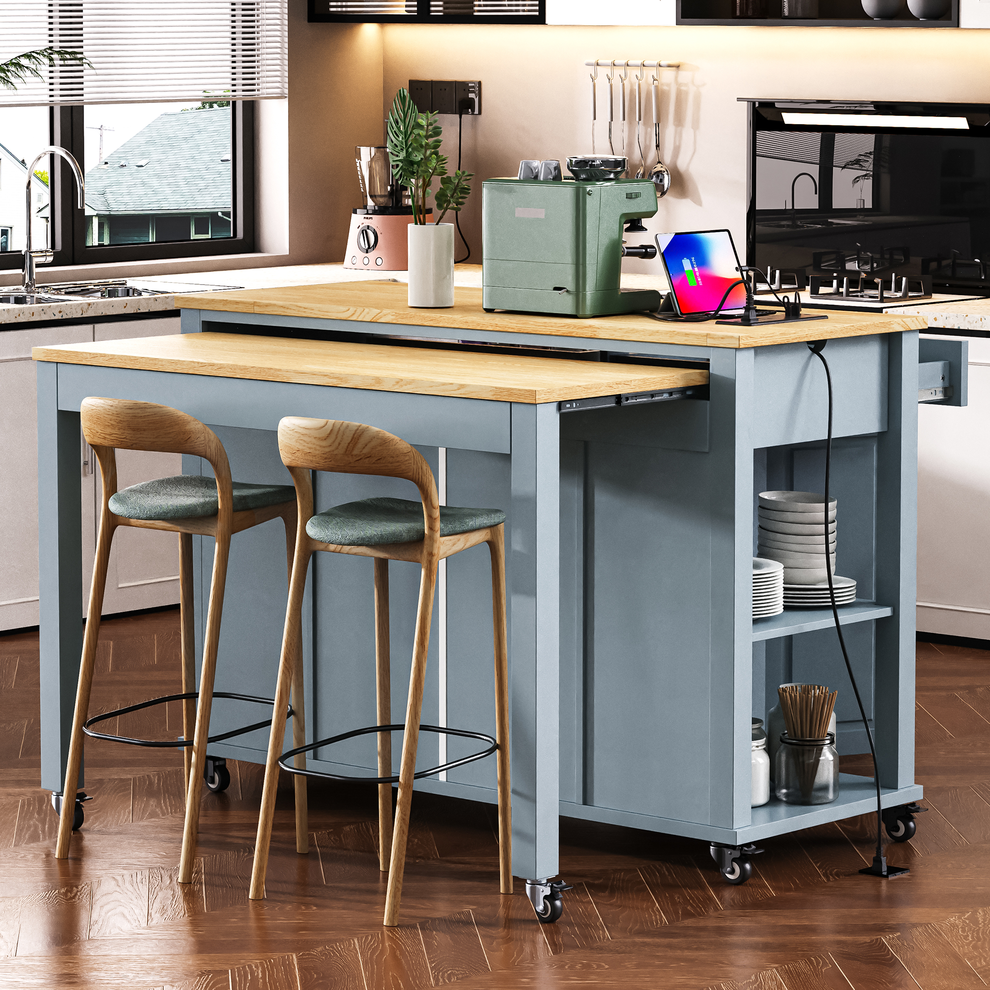 Athens 47" Rolling Kitchen Island with Extendable Dining Table and Power Outlet