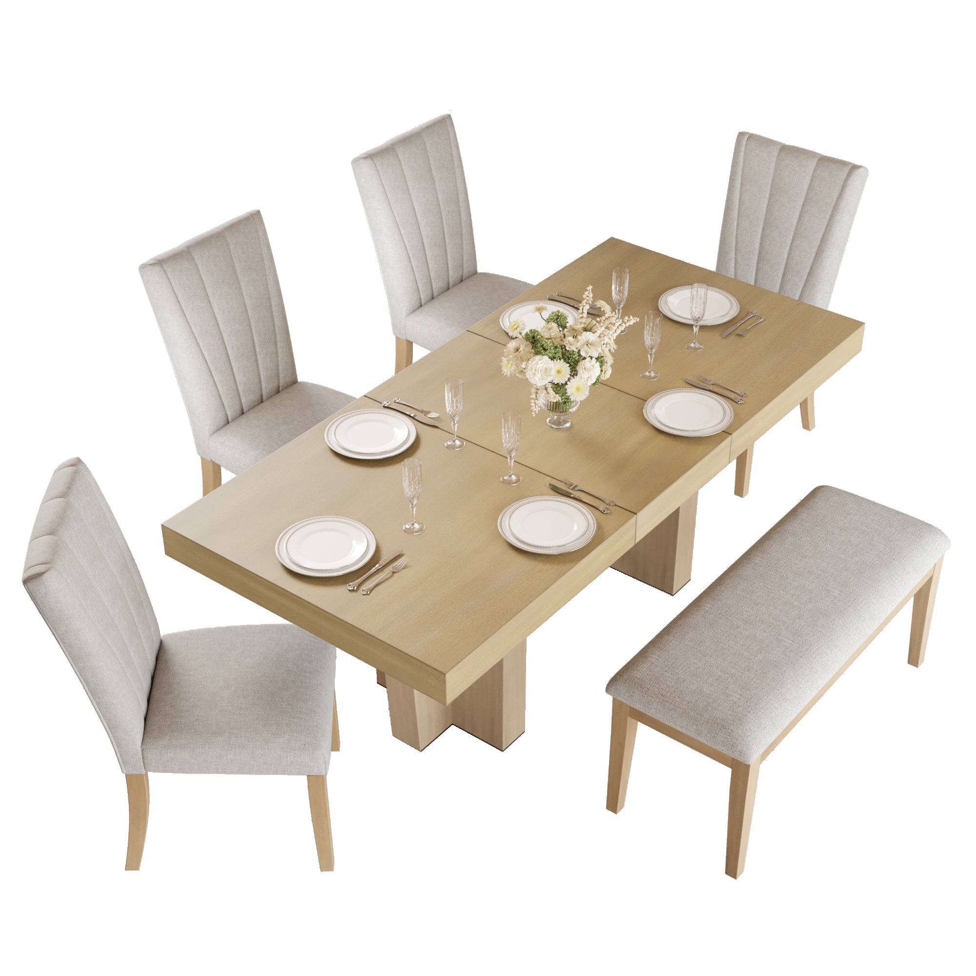 Batur 78" Farmhouse Wood Extendable Dining Table Set with Bench