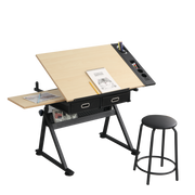 adjustable drawing drafting table desk with 2 drawers for home office and school with stool(wood)