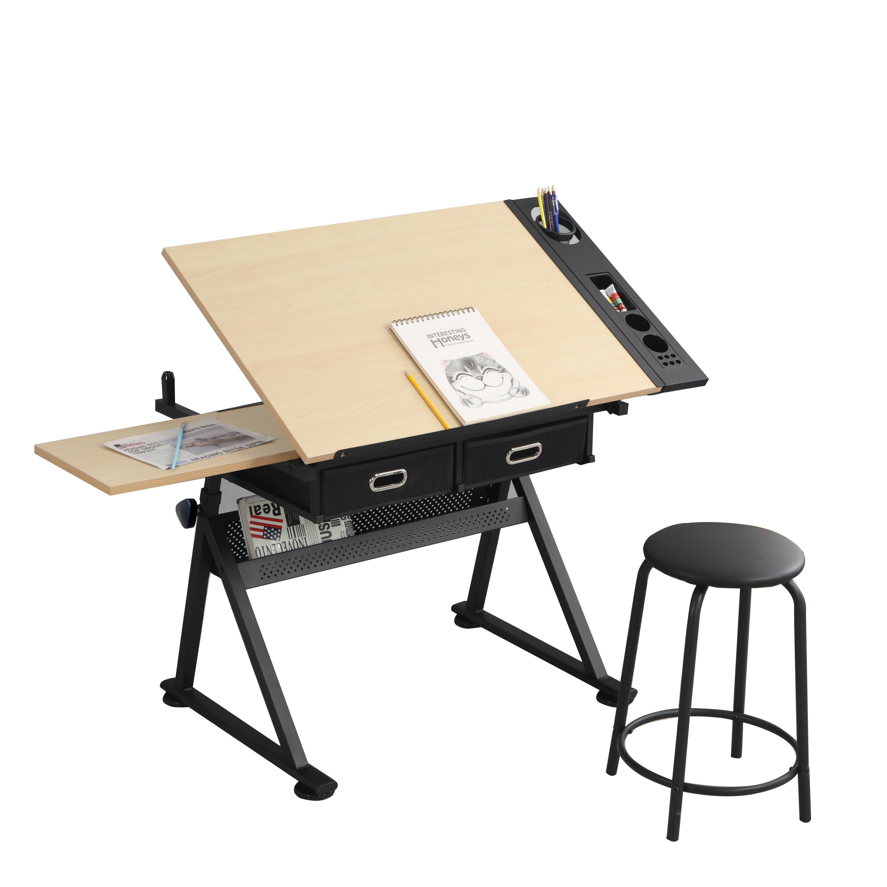 adjustable drawing drafting table desk with 2 drawers for home office and school with stool(wood)