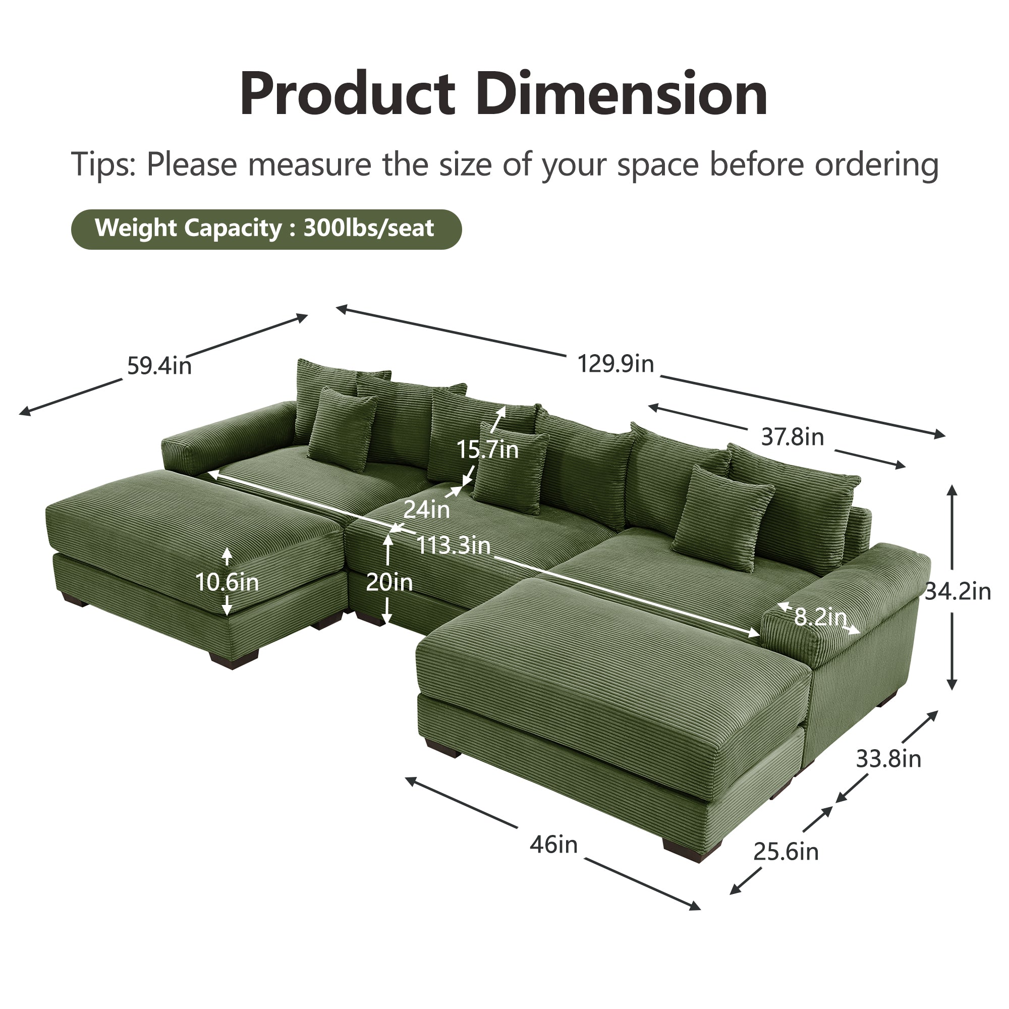 Albany 130" Modular Corduroy Cloud U-Shaped Sectional Sofa with Ottomans