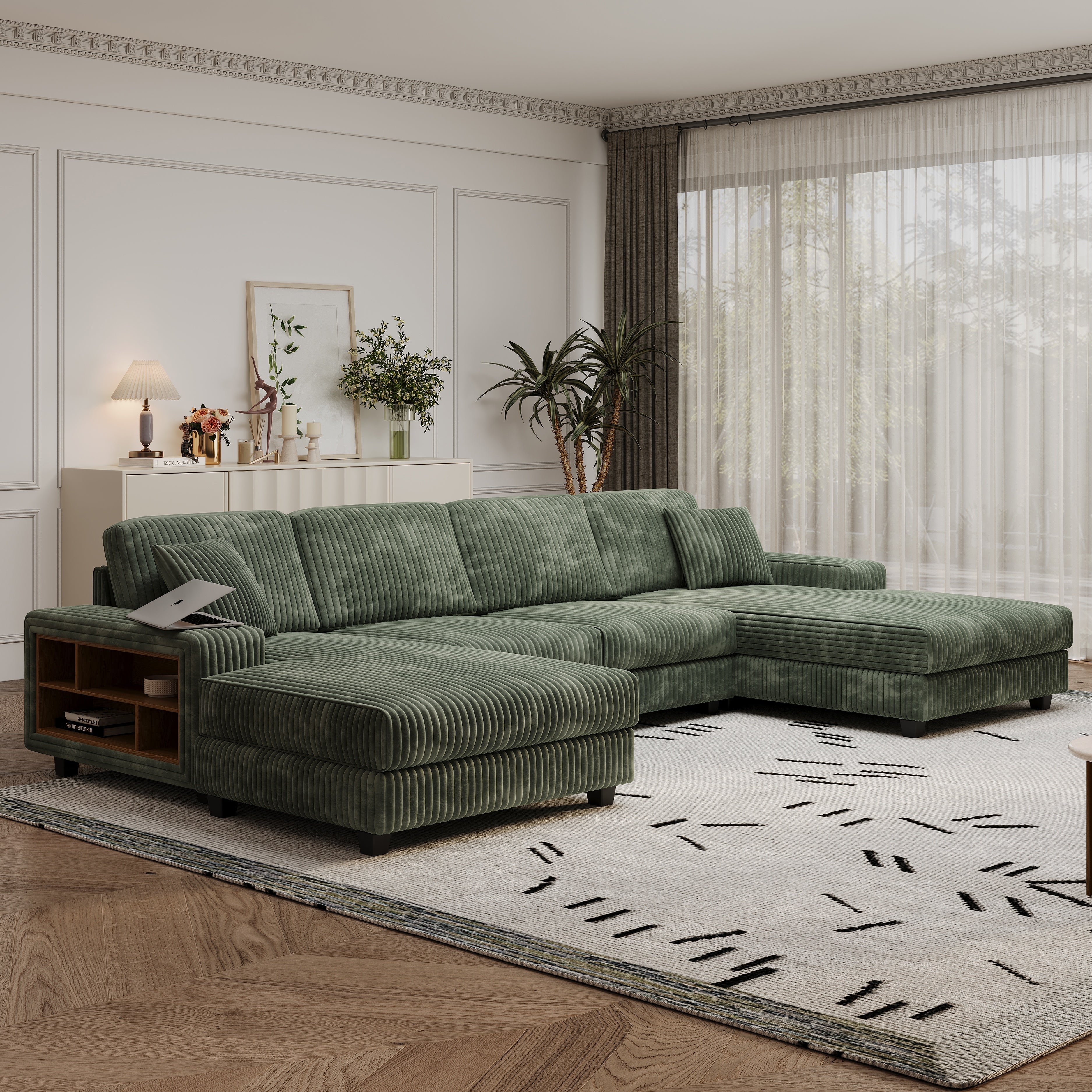 Edenleaf 137" Corduroy U-Shaped Sectional Sofa with Double Chaise & Side Storage
