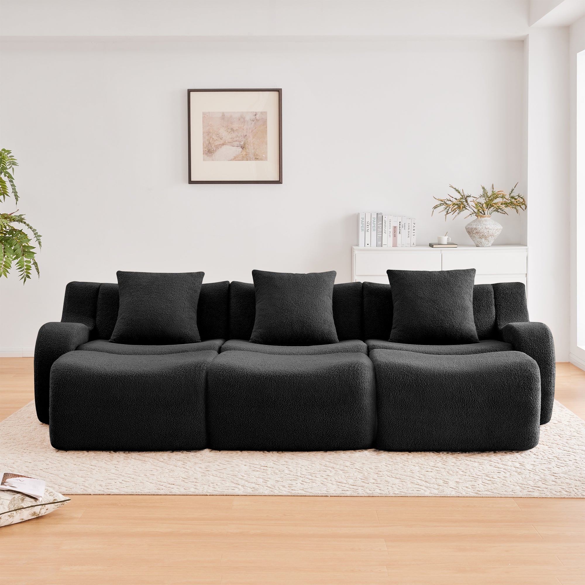 Chico 115" Modular Teddy Fabric 3-Seater Sofa with3 Ottomans