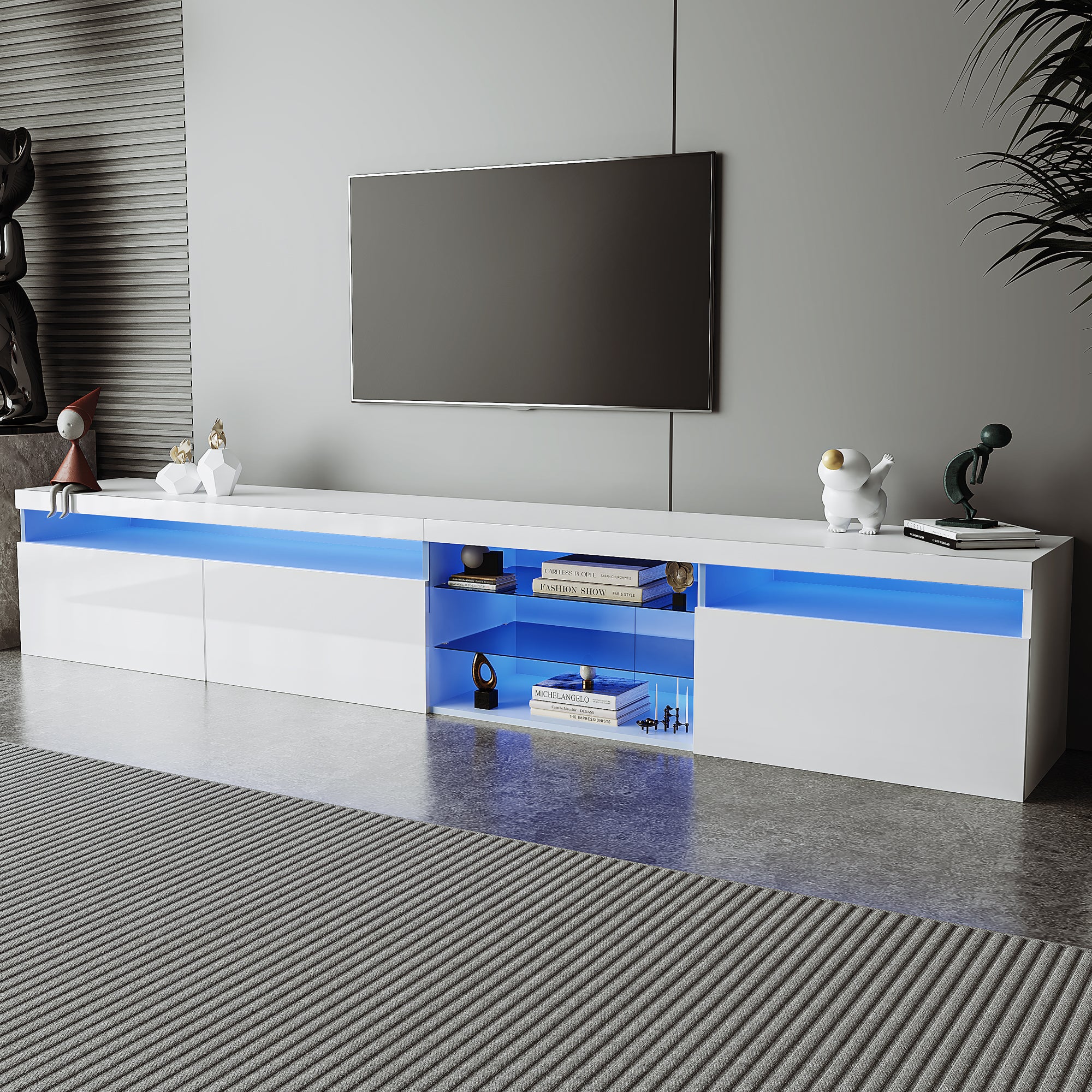 Sundale 105" Modern LED TV Stand with Glass Shelves and Storage White