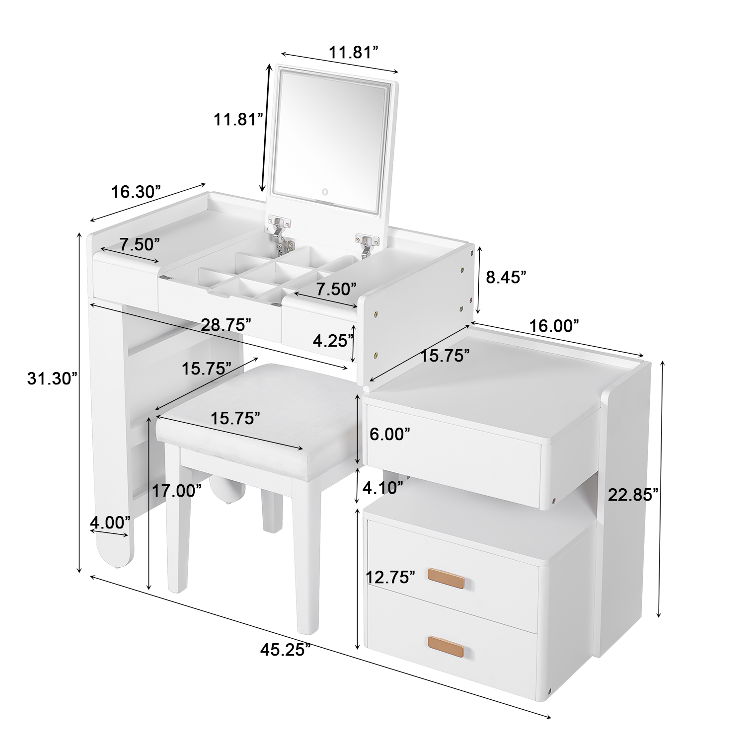 Aurorae Modular Makeup Vanity Desk Set with Flip-Top Mirror and Ample Drawer Storage